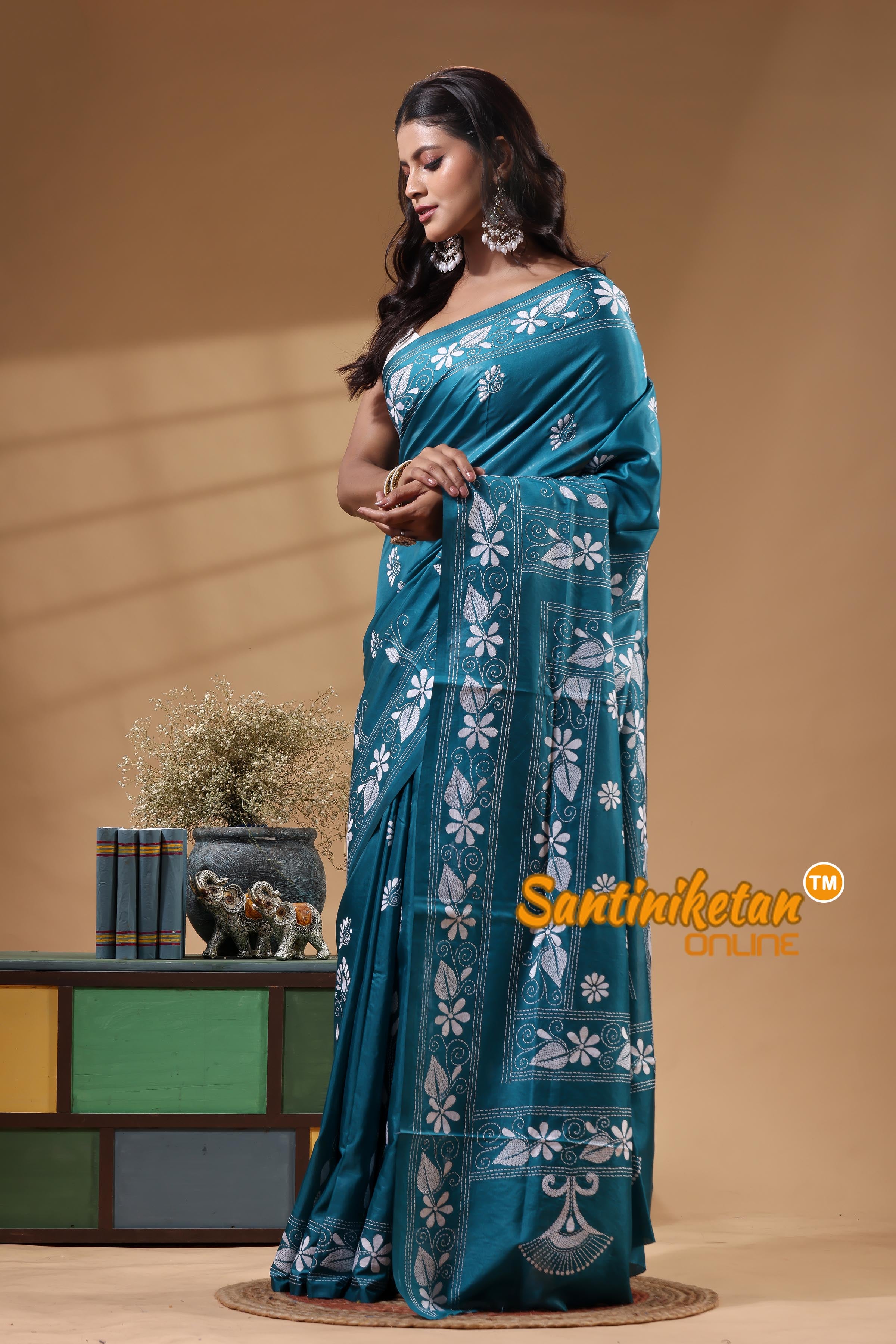 Bangalore Silk Kantha Stitch Saree