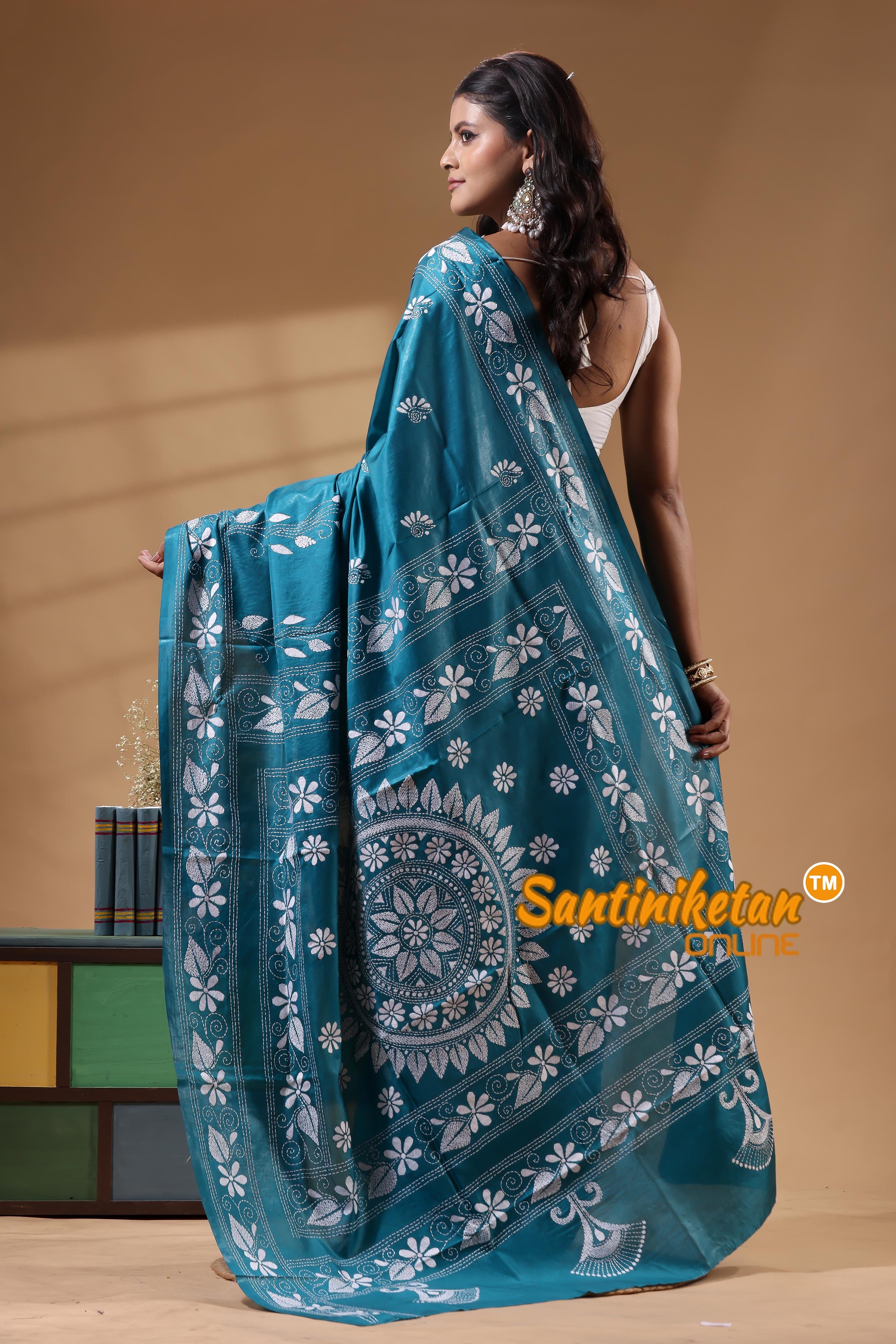 Bangalore Silk Kantha Stitch Saree