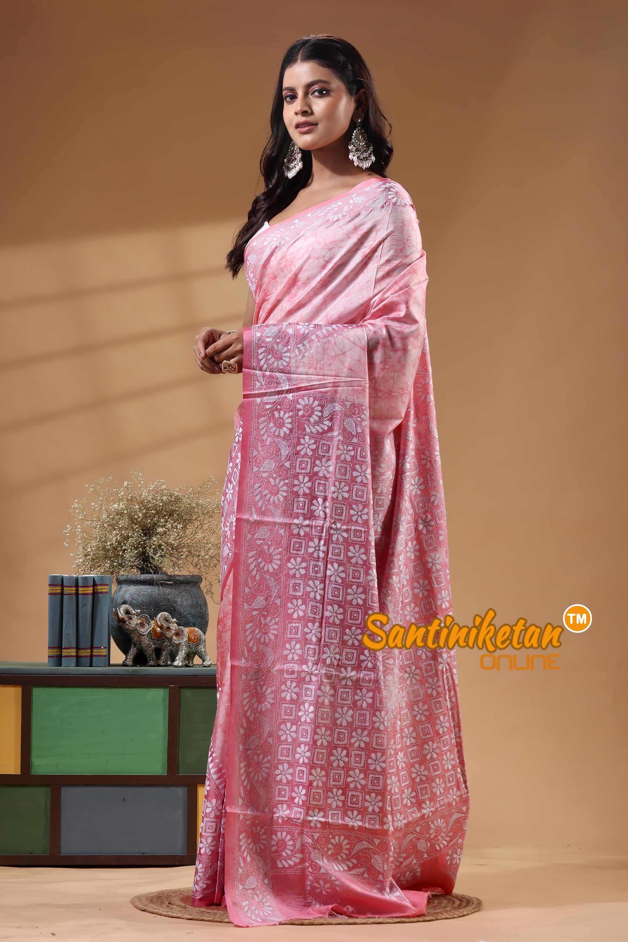 Bangalore Silk Batik Kantha Stitch Saree