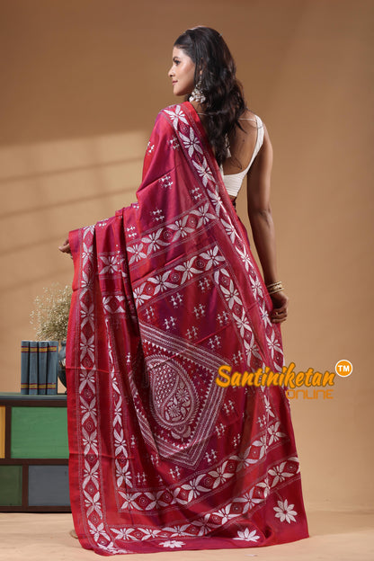 Bangalore Silk Kantha Stitch Saree