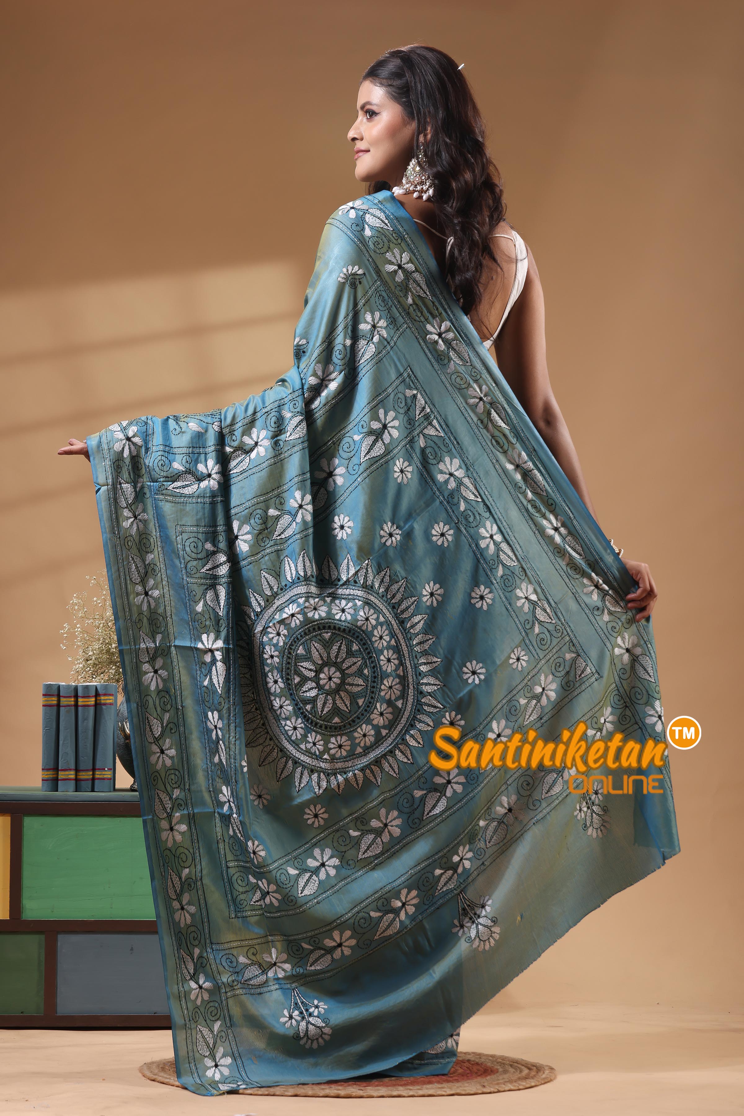 Bangalore Silk Kantha Stitch Saree