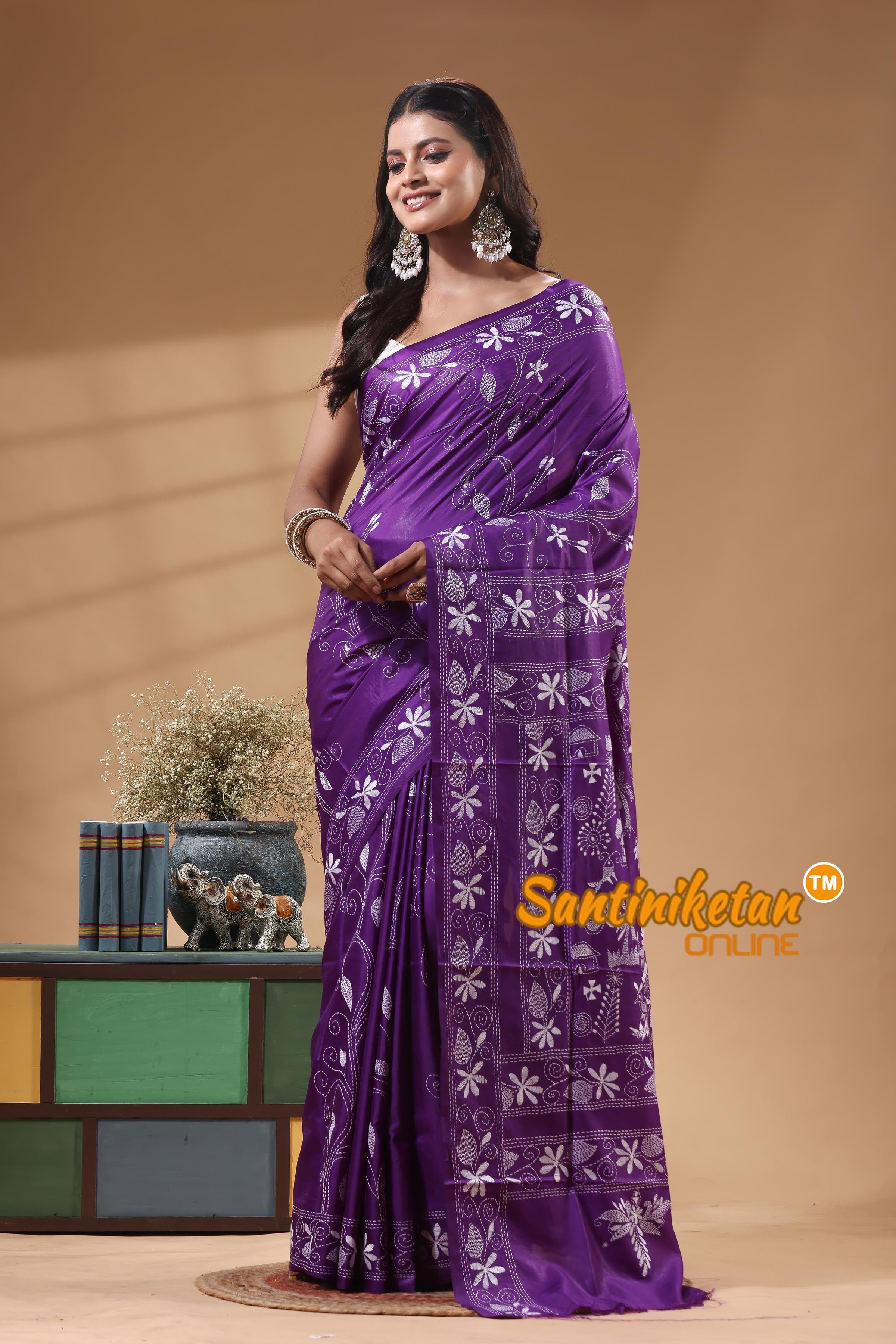 Bangalore Silk Kantha Stitch Saree