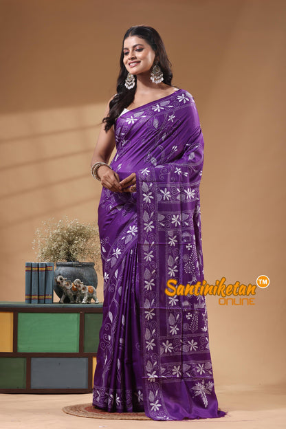 Bangalore Silk Kantha Stitch Saree