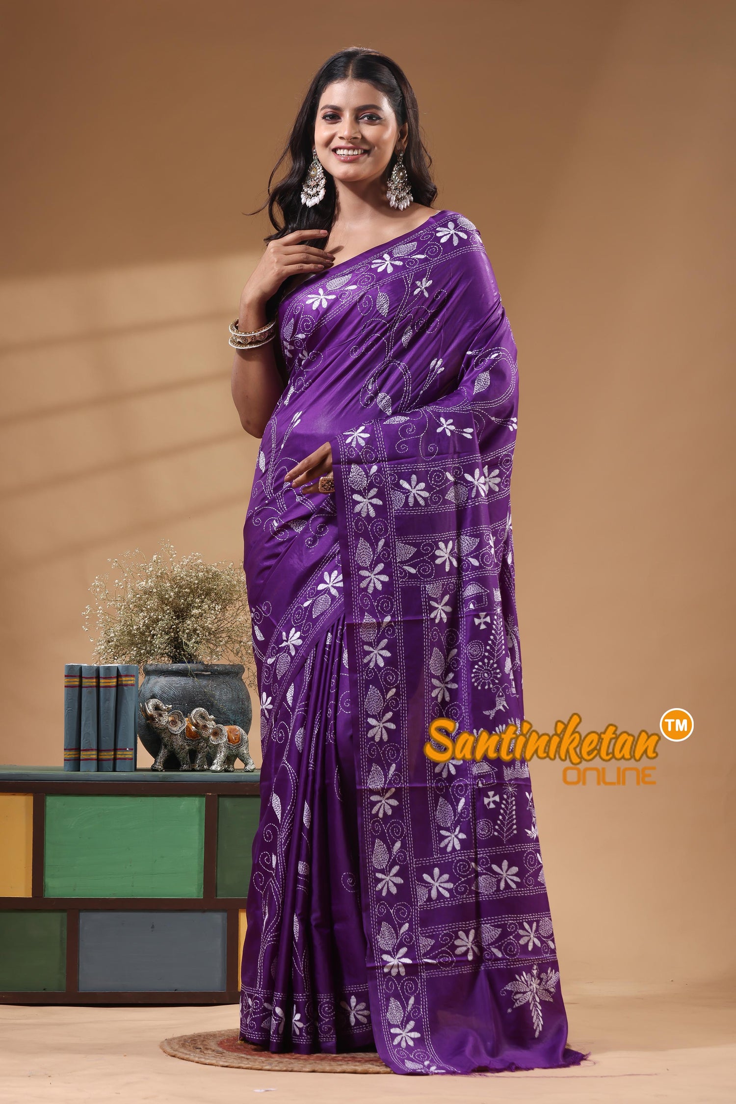 Bangalore Silk Kantha Stitch Saree