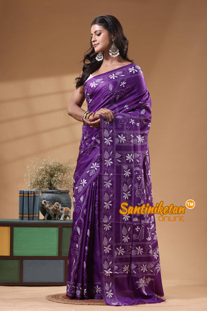 Bangalore Silk Kantha Stitch Saree