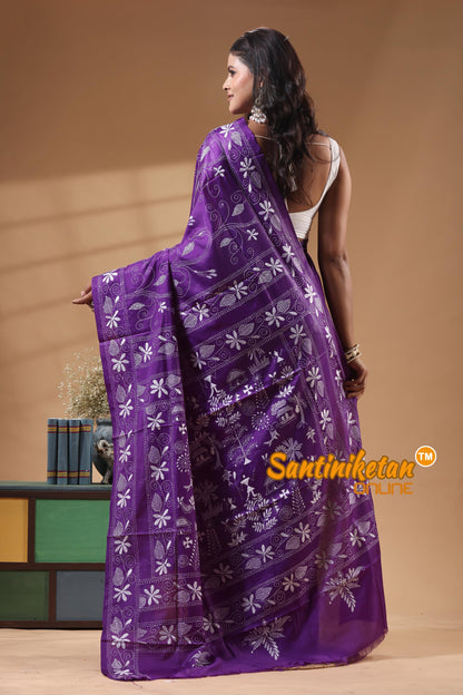 Bangalore Silk Kantha Stitch Saree