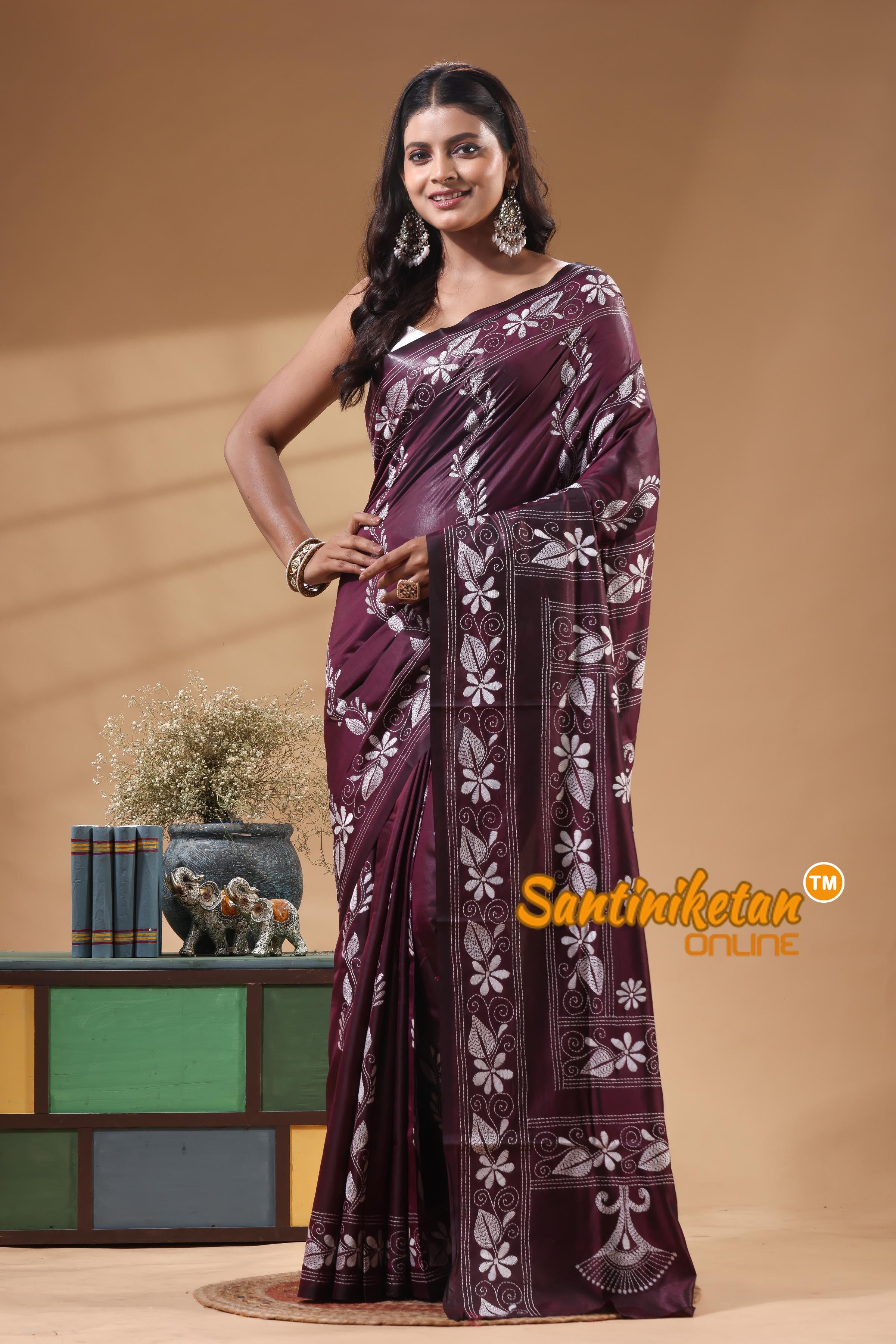 Bangalore Silk Kantha Stitch Saree