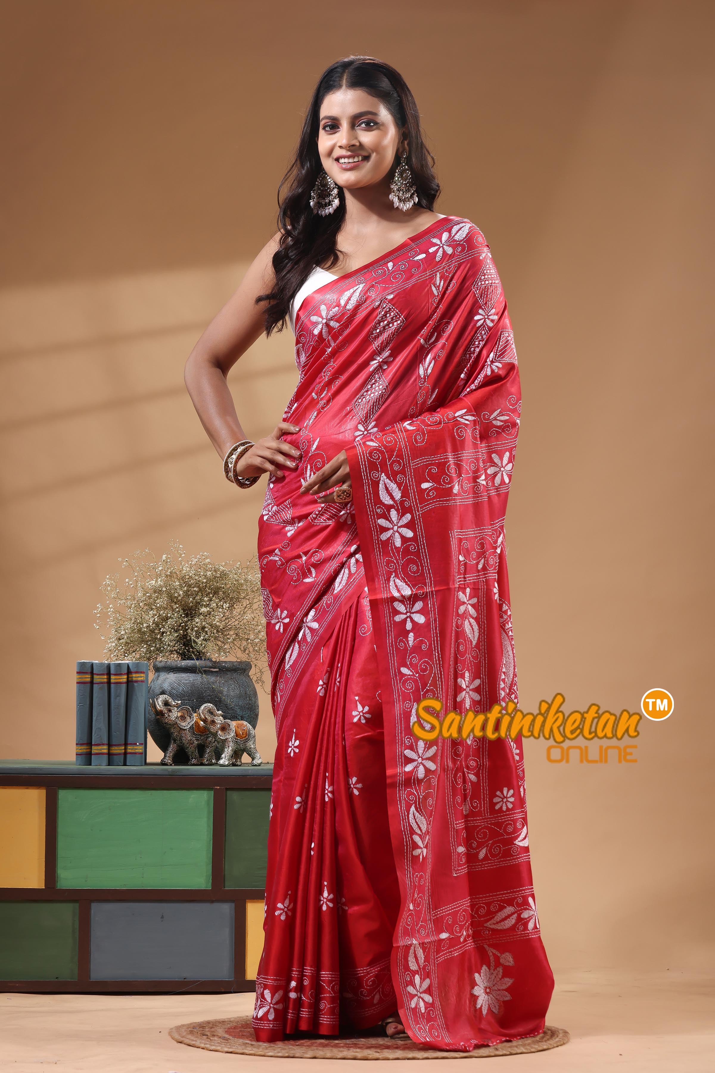 Bangalore Silk Kantha Stitch Saree