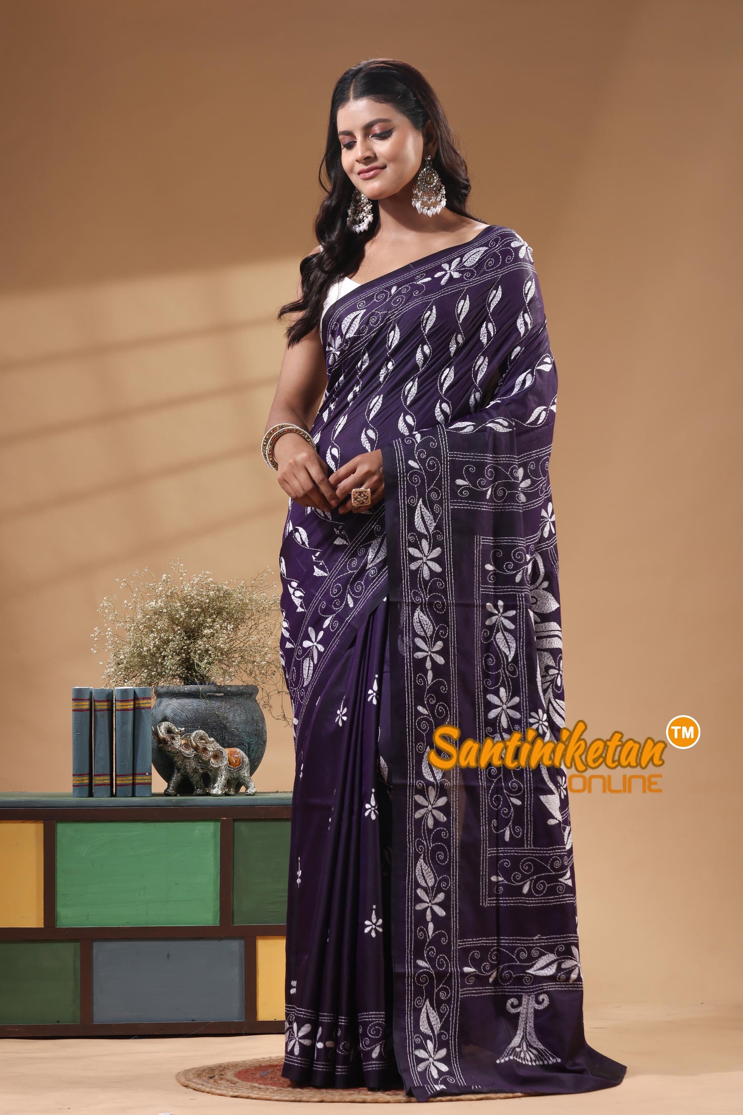 Bangalore Silk Kantha Stitch Saree