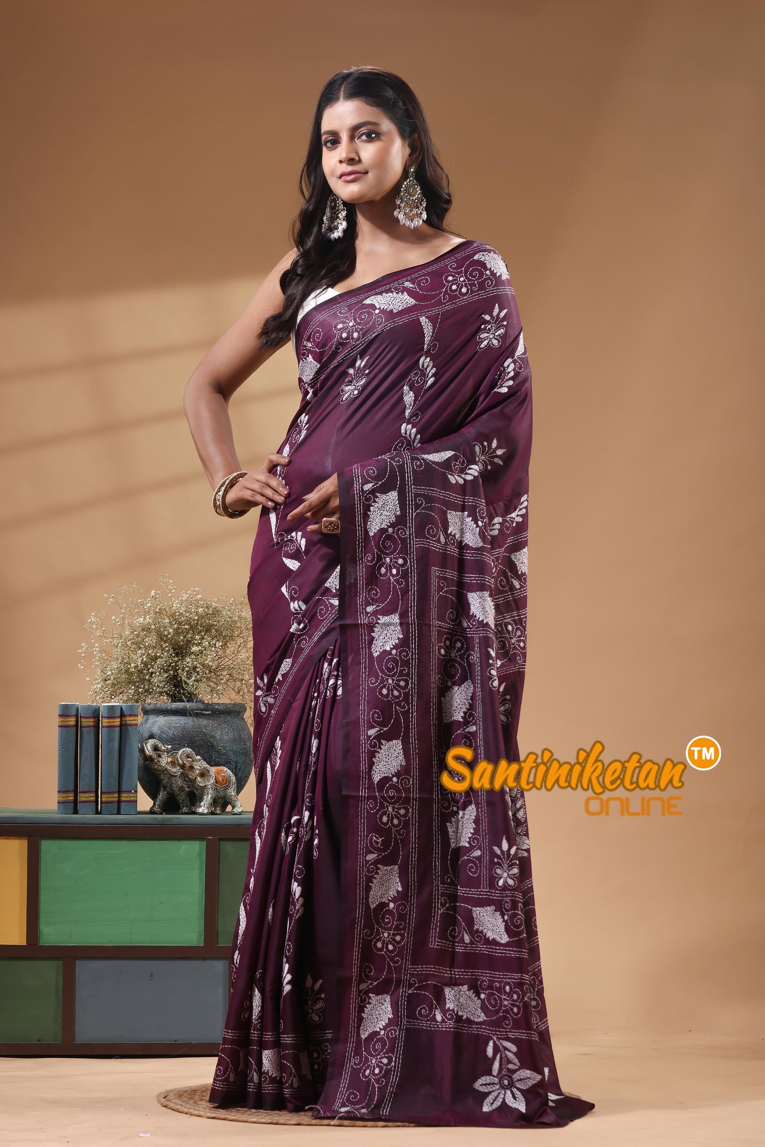 Bangalore Silk Kantha Stitch Saree
