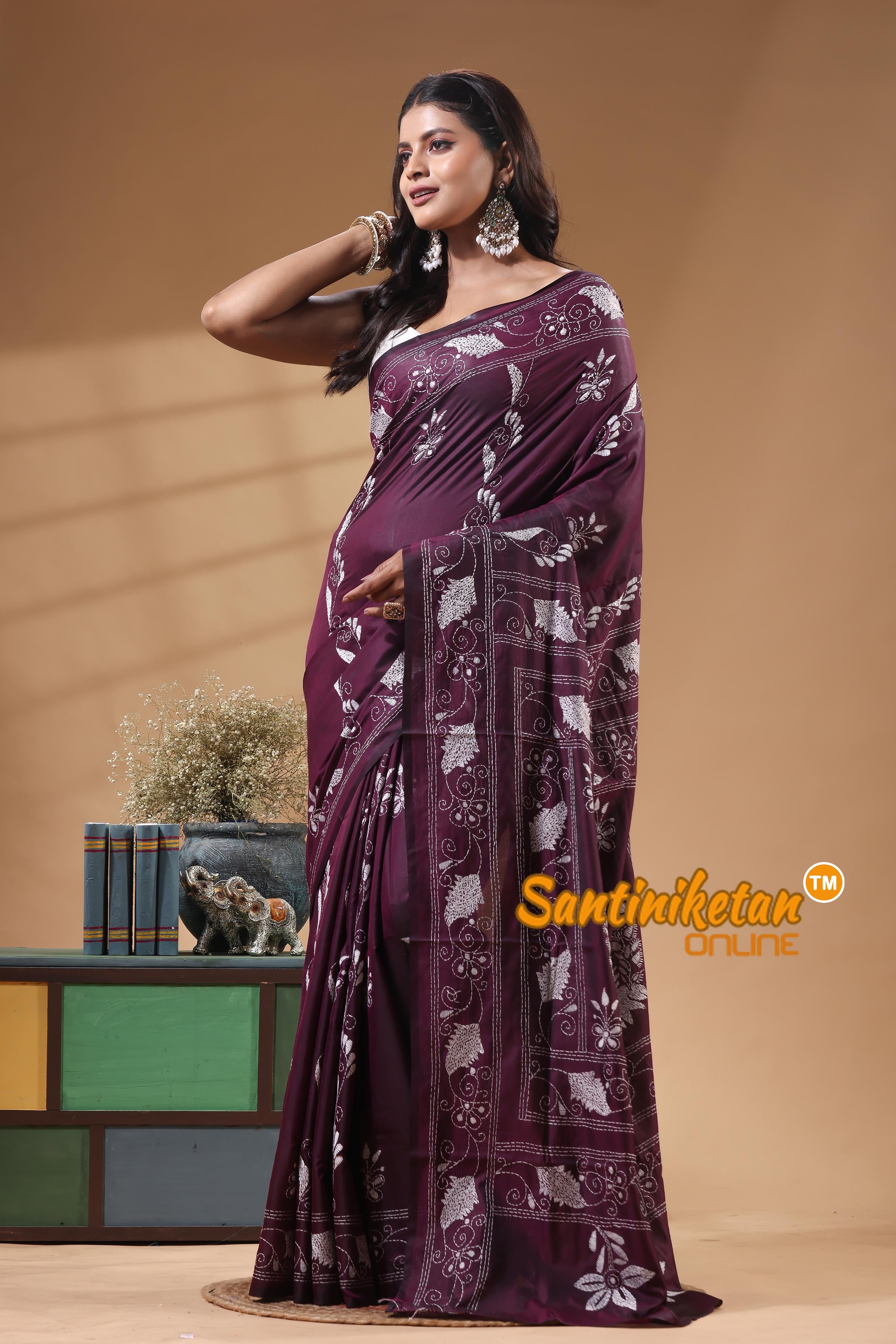 Bangalore Silk Kantha Stitch Saree