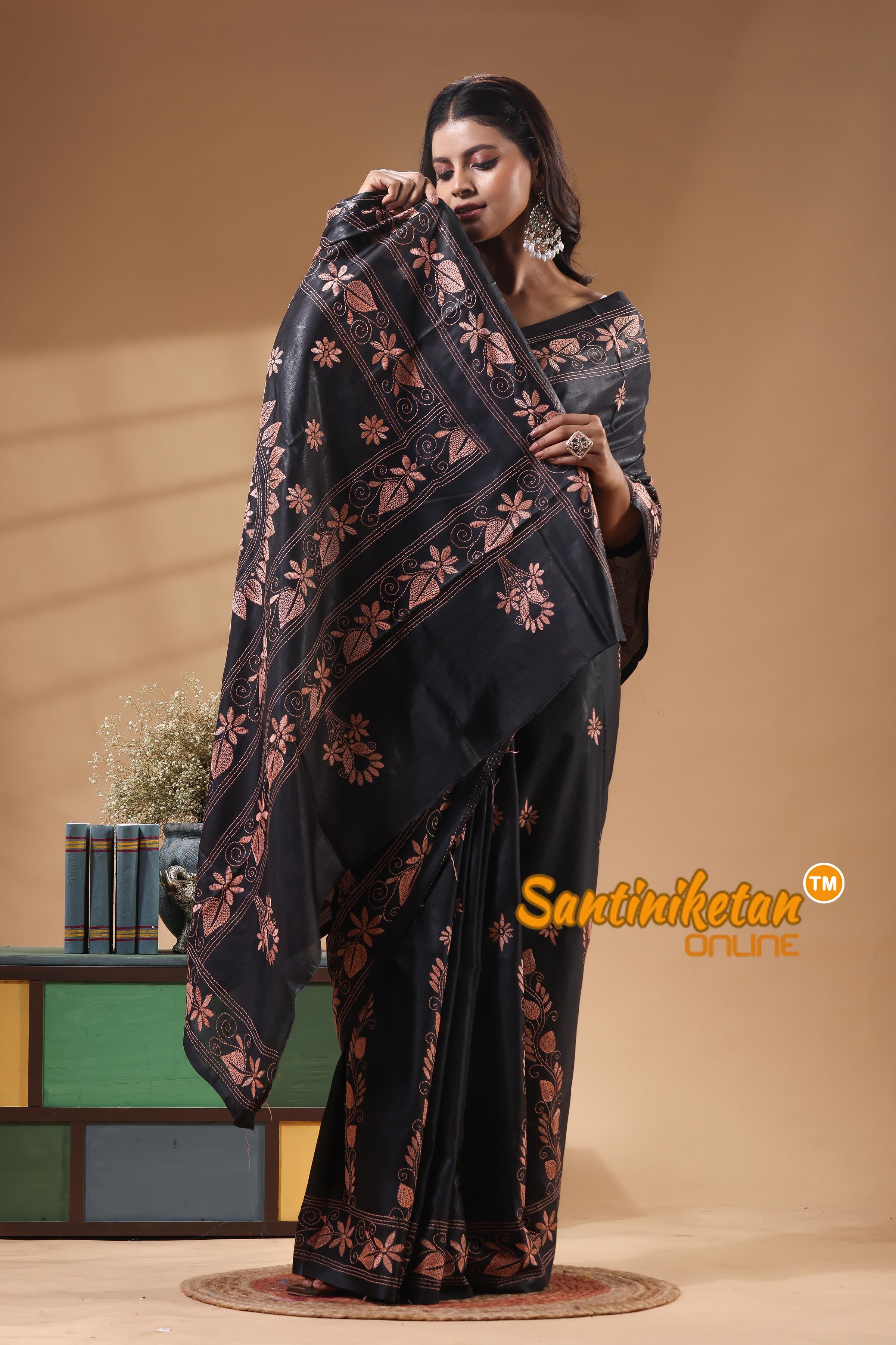 Bangalore Silk Kantha Stitch Saree