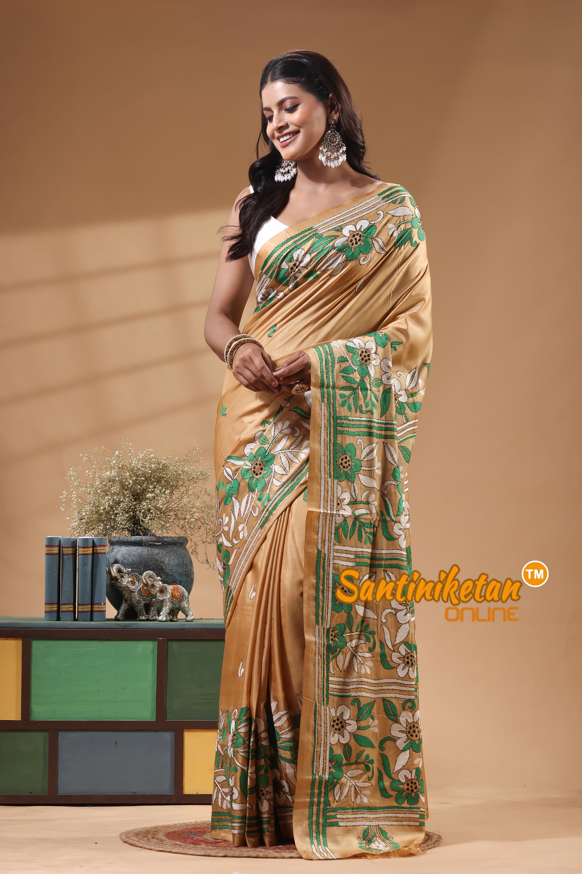 Bangalore Silk Kantha Stitch Saree