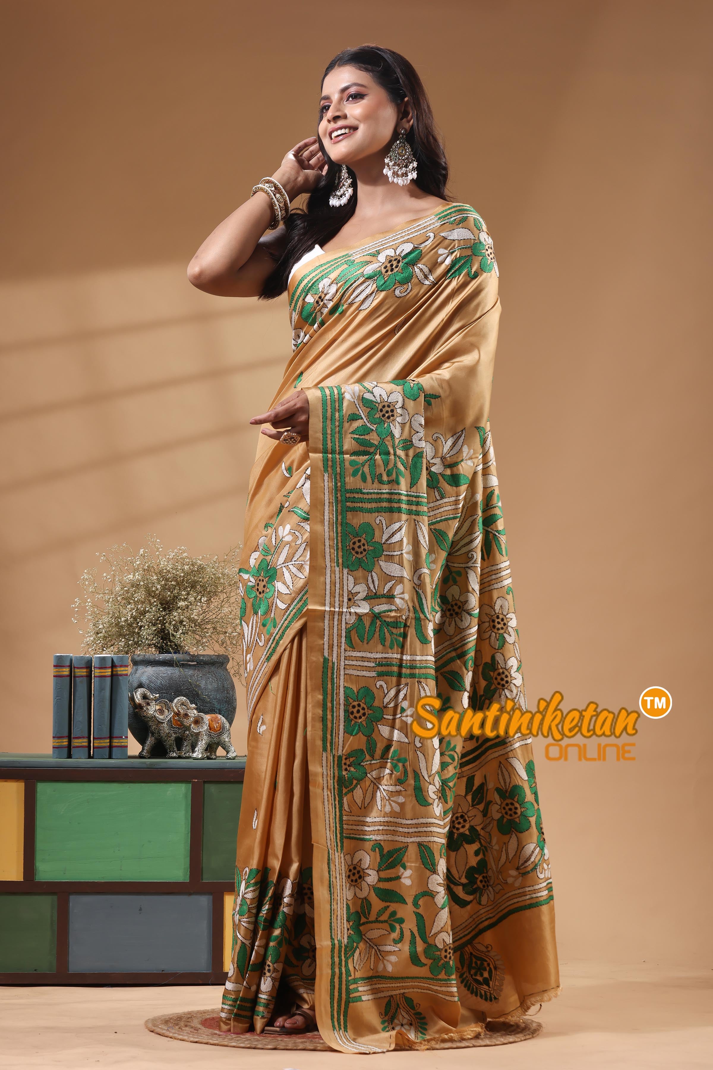 Bangalore Silk Kantha Stitch Saree