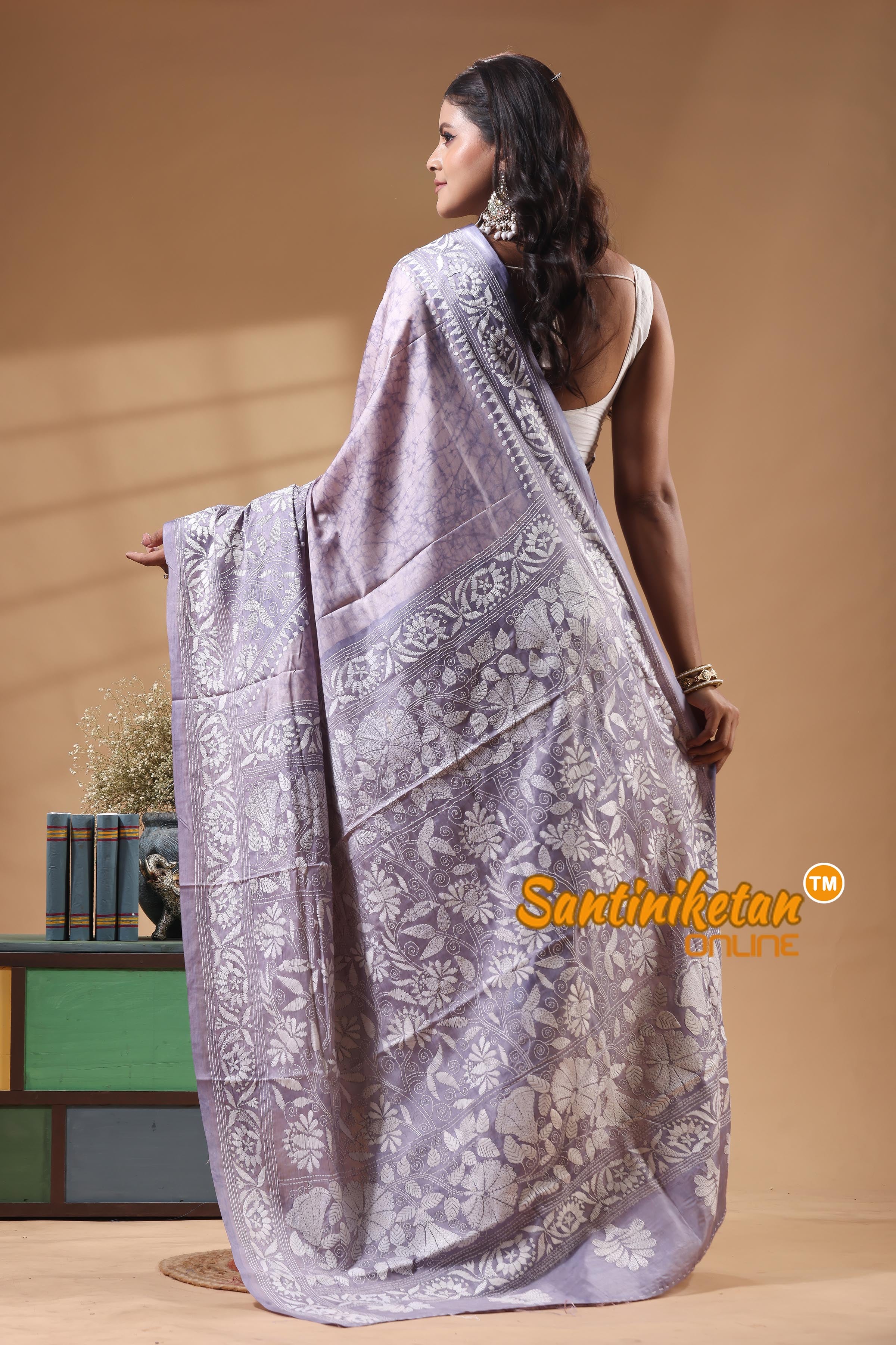 Bangalore Silk Batik Kantha Stitch Saree