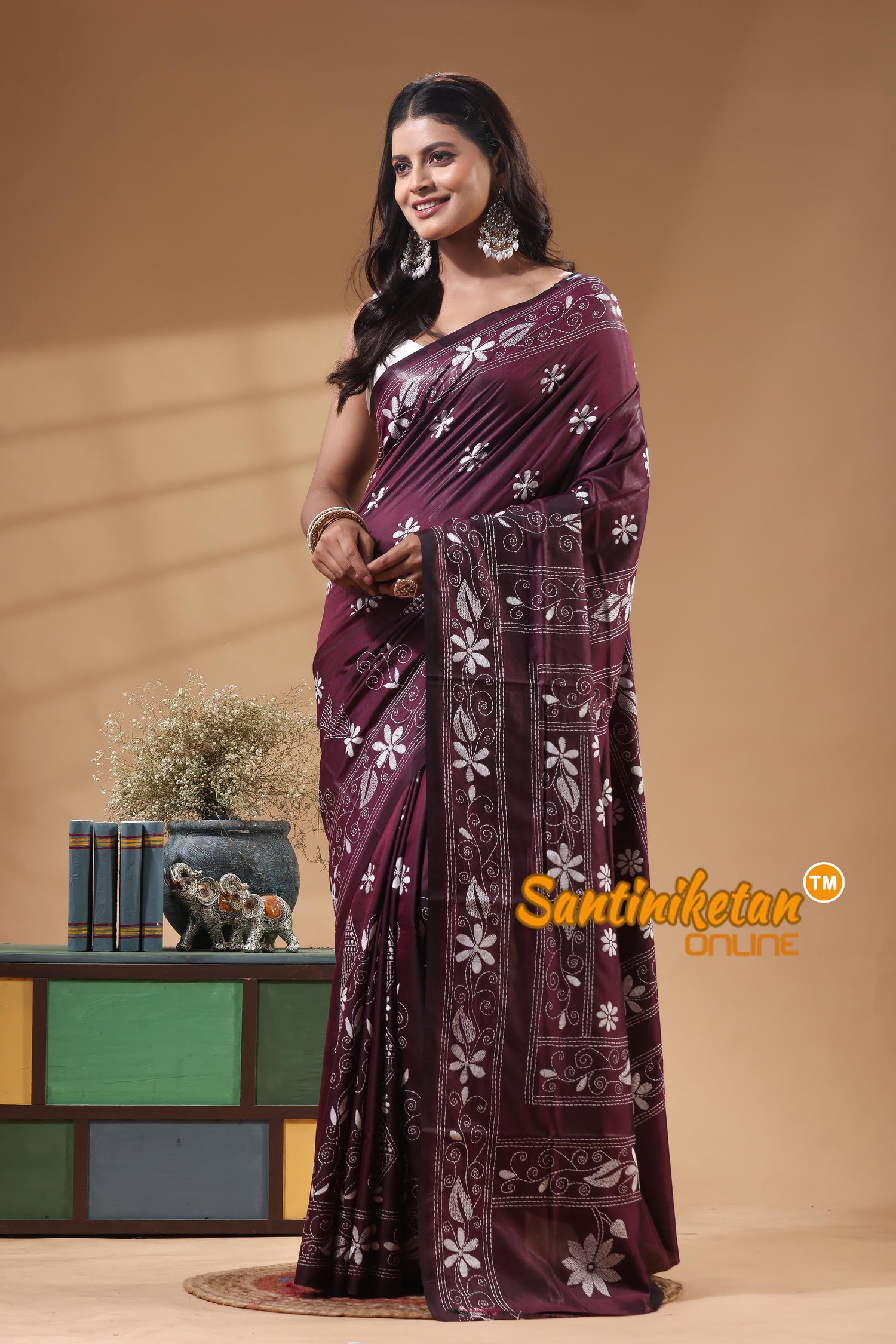 Bangalore Silk Kantha Stitch Saree