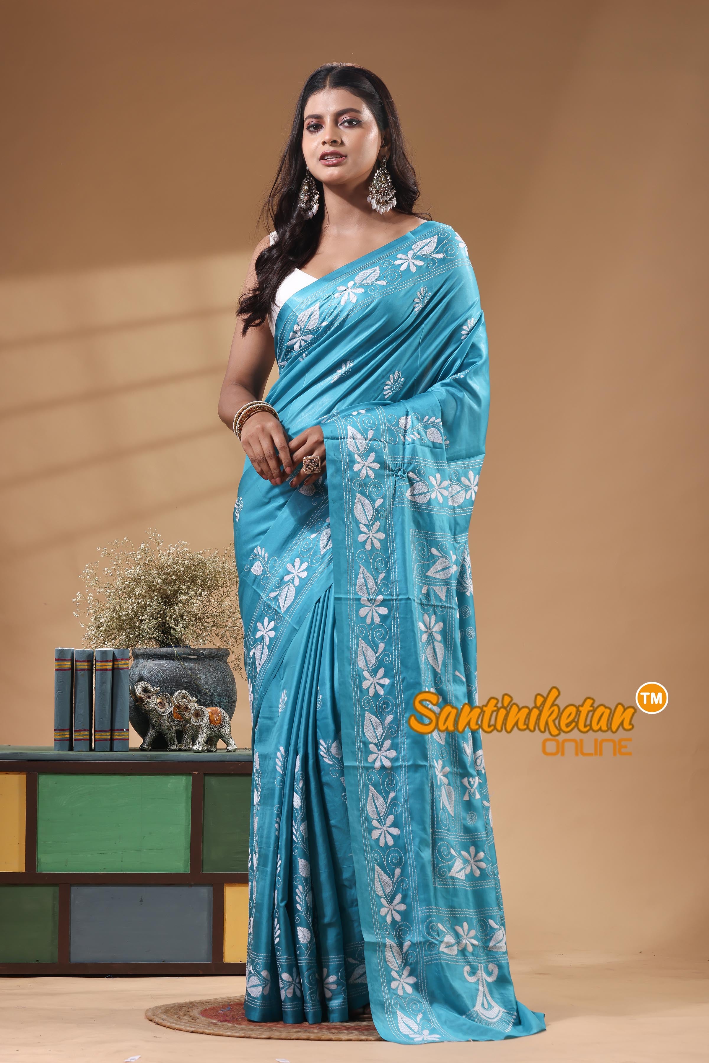 Bangalore Silk Kantha Stitch Saree