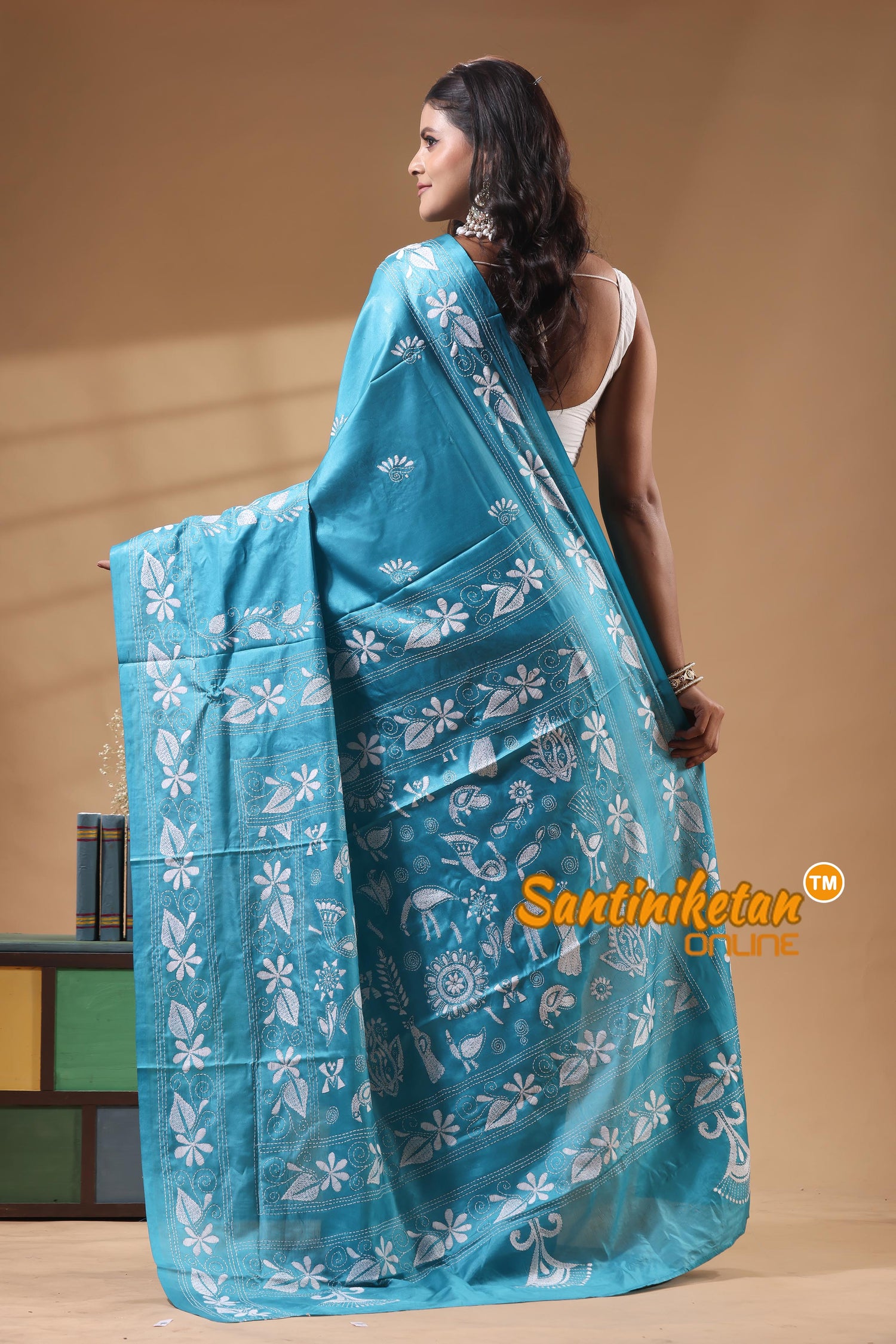 Bangalore Silk Kantha Stitch Saree