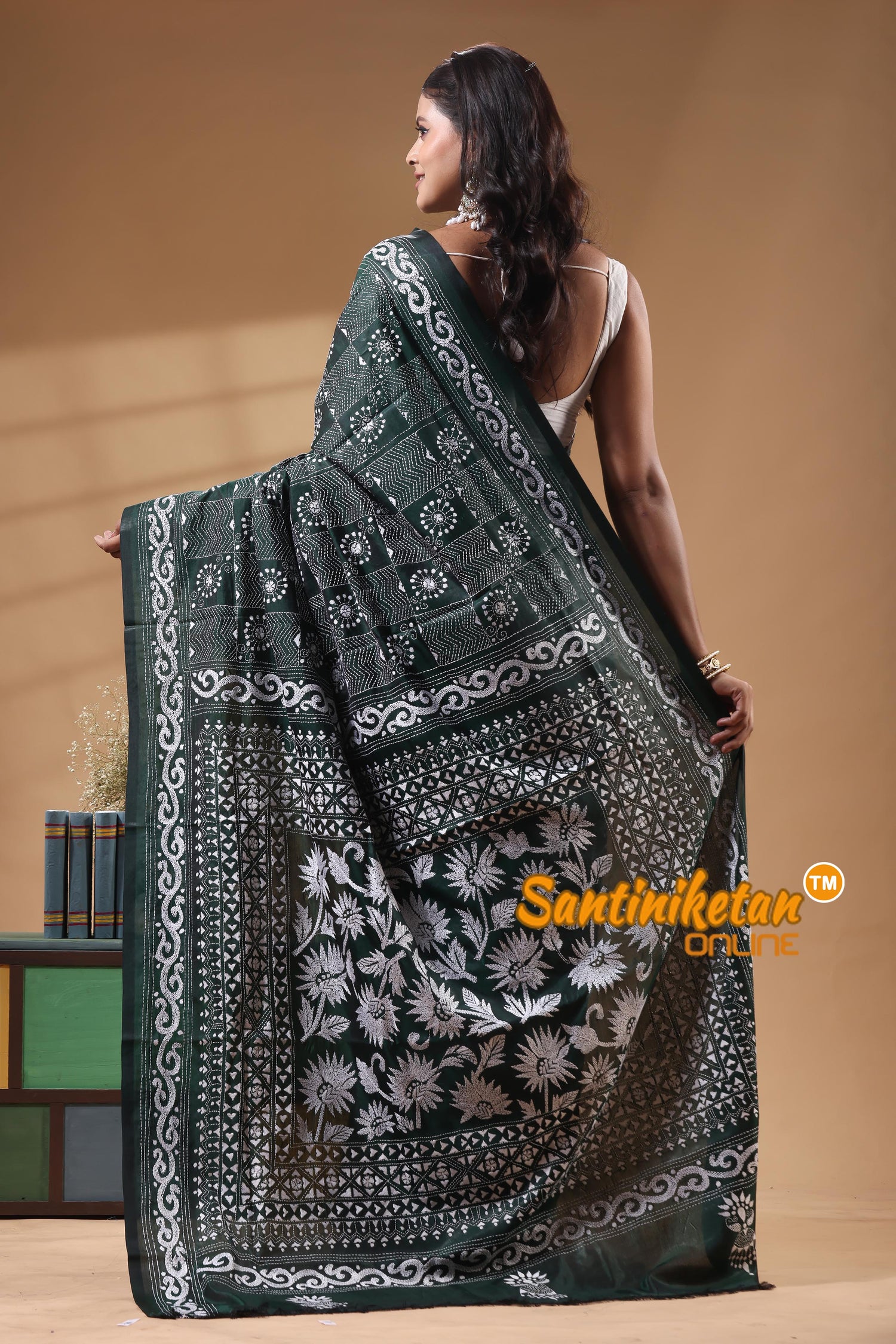 Bangalore Silk Kantha Stitch Saree