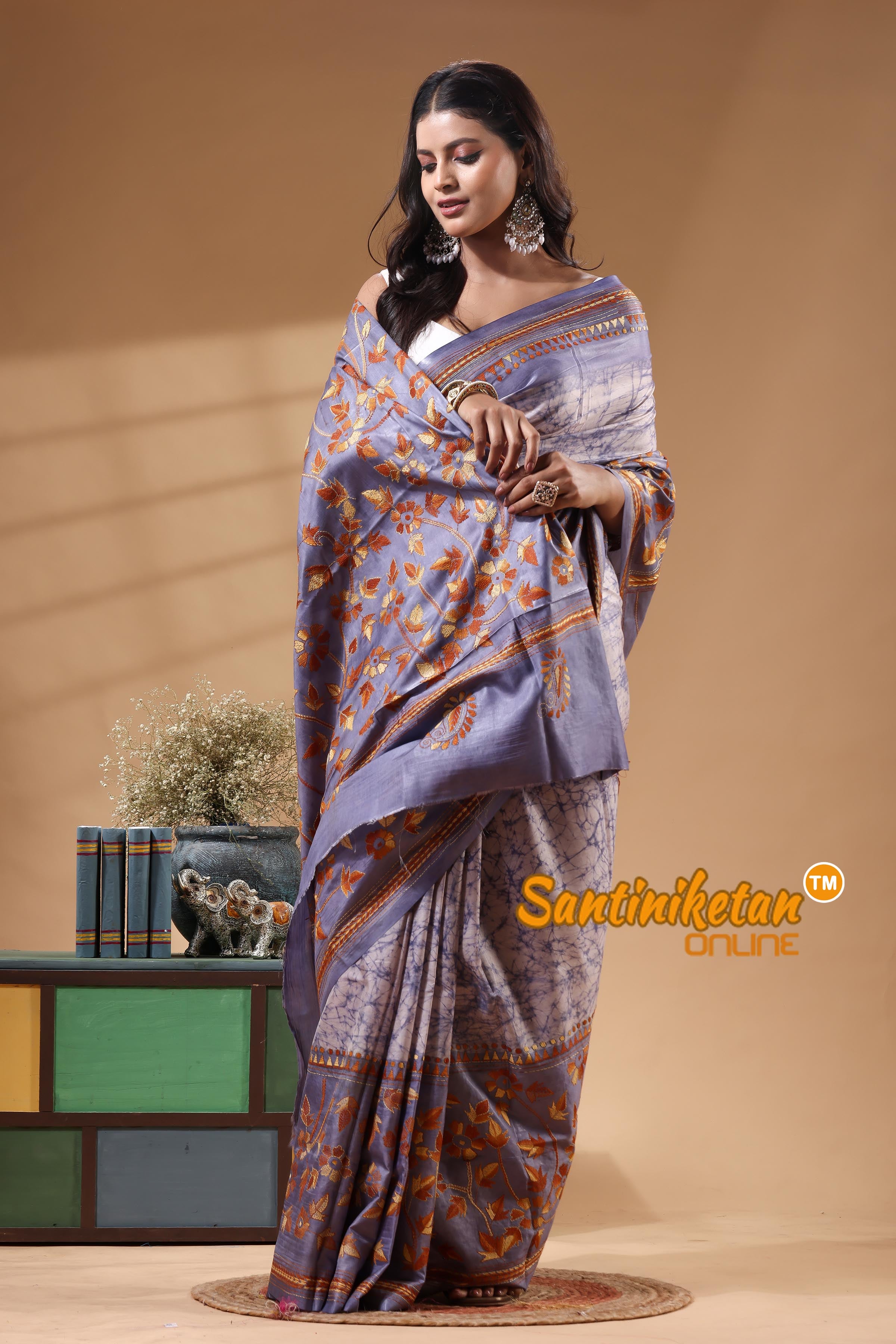 Bangalore Silk Batik Kantha Stitch Saree