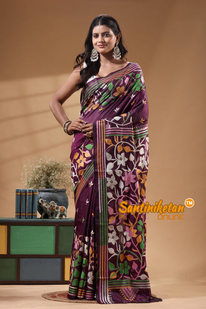 Bangalore Silk Kantha Stitch Saree
