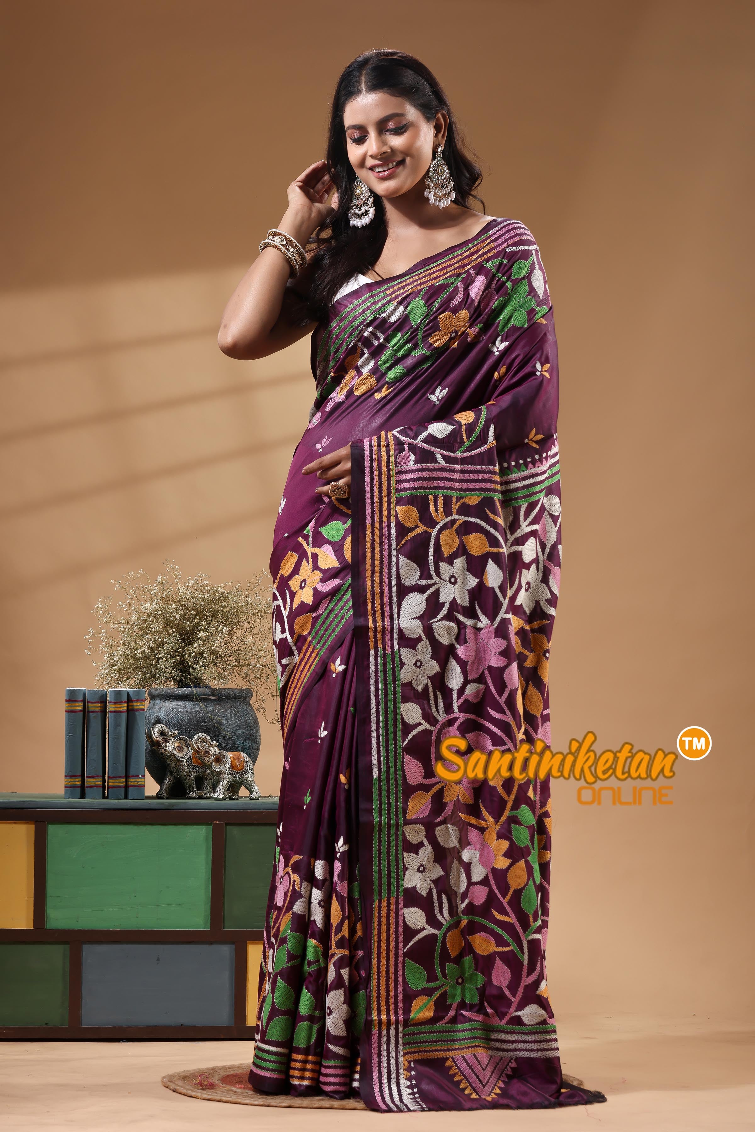Bangalore Silk Kantha Stitch Saree