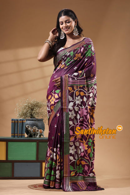 Bangalore Silk Kantha Stitch Saree