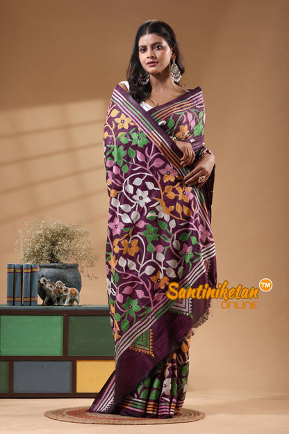 Bangalore Silk Kantha Stitch Saree