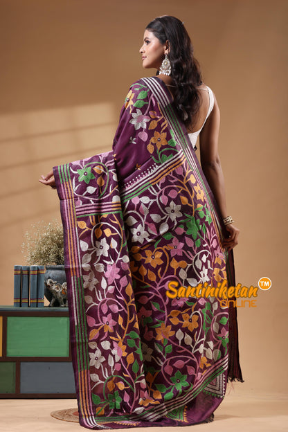 Bangalore Silk Kantha Stitch Saree