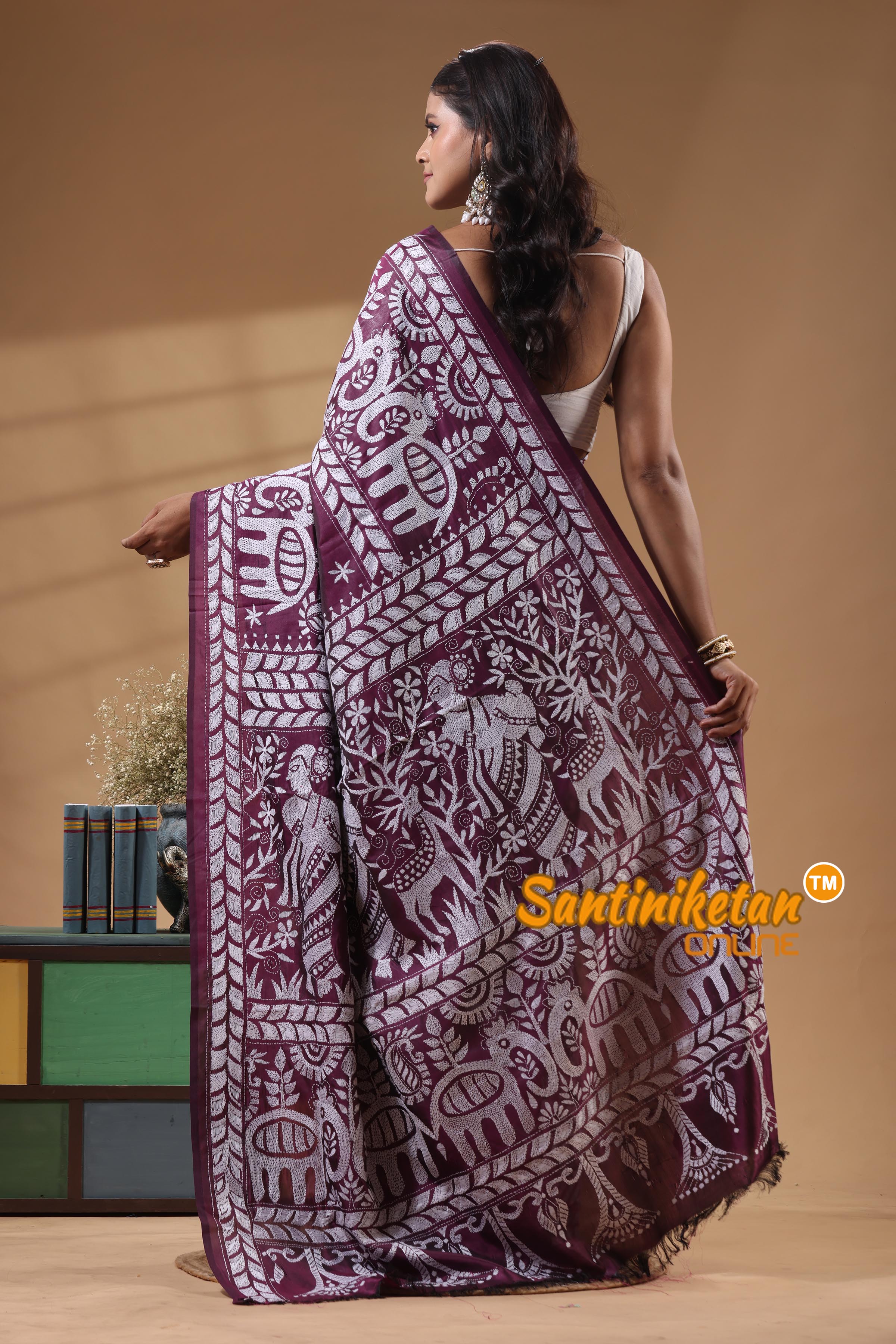 Bangalore Silk Kantha Stitch Saree