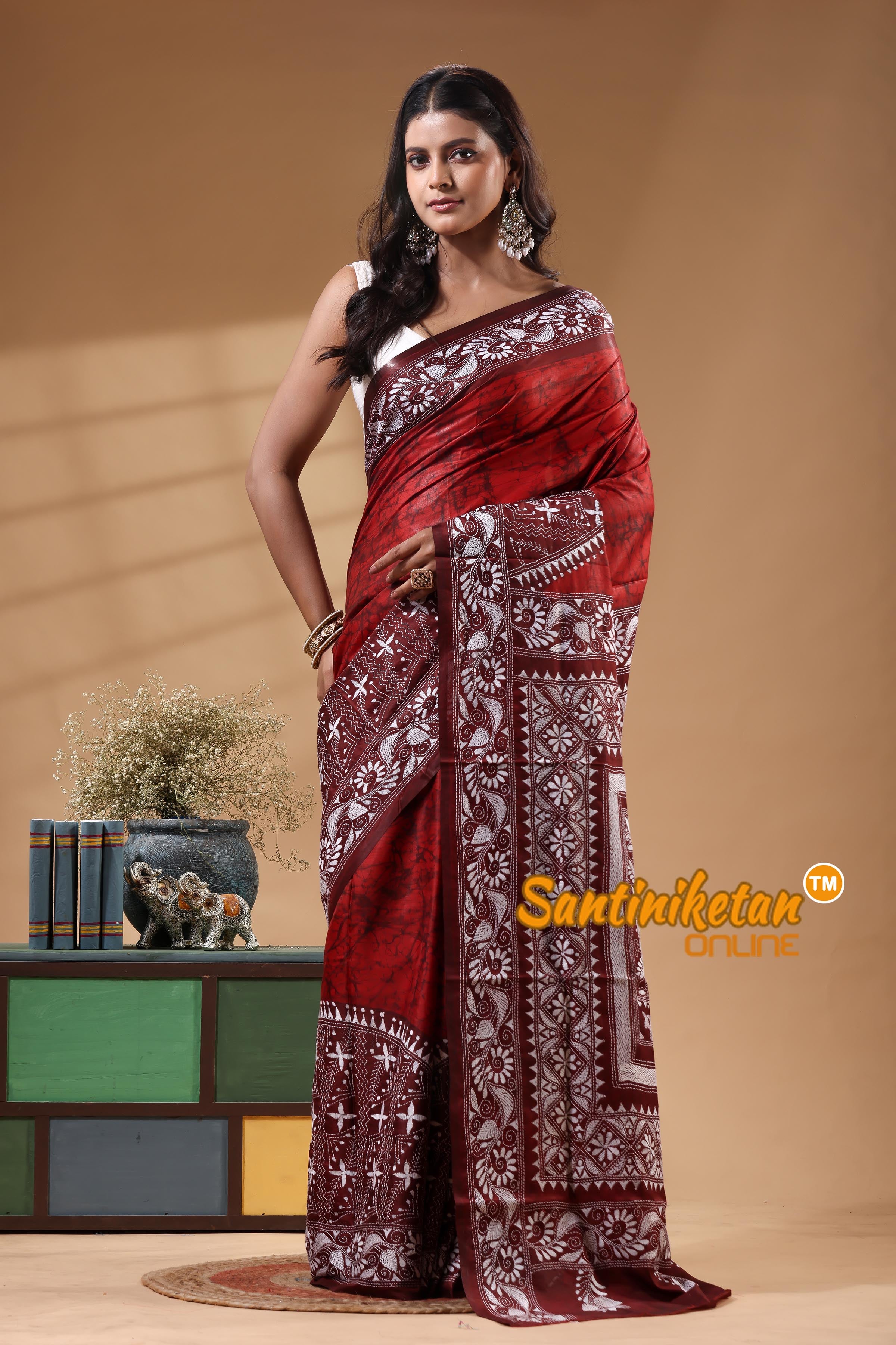 Bangalore Silk Batik Kantha Stitch Saree