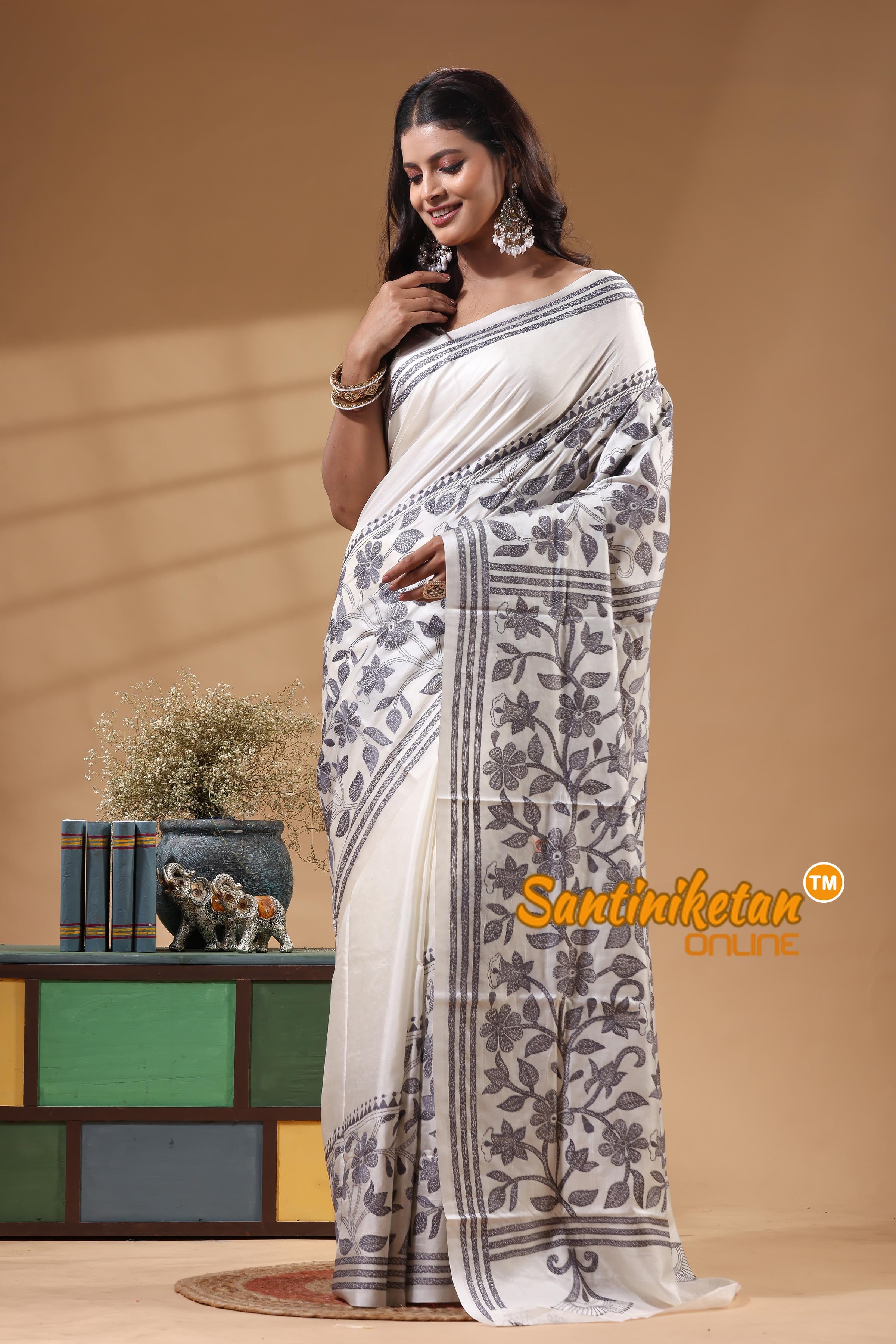 Bangalore Silk Kantha Stitch Saree
