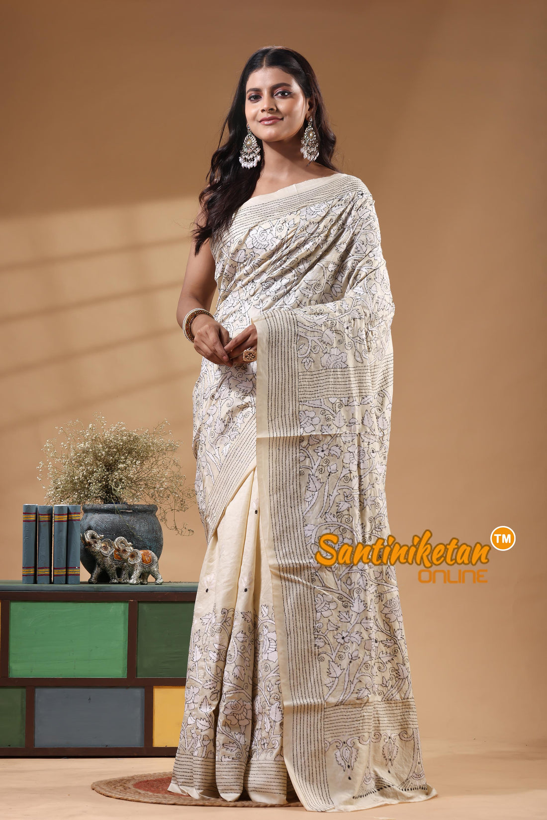 Tussar Silk Kantha Stitch Saree