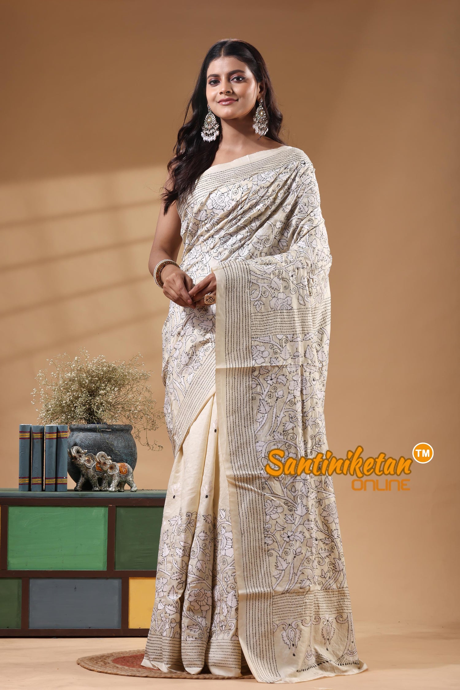 Tussar Silk Kantha Stitch Saree
