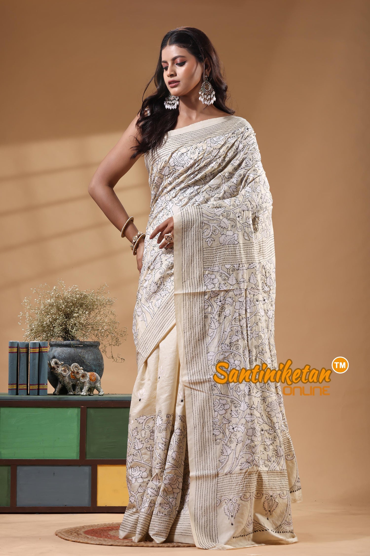 Tussar Silk Kantha Stitch Saree