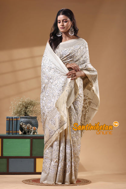 Tussar Silk Kantha Stitch Saree