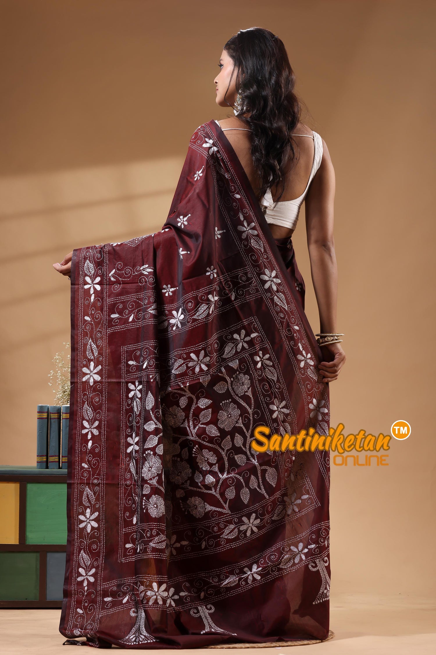 Bangalore Silk Kantha Stitch Saree
