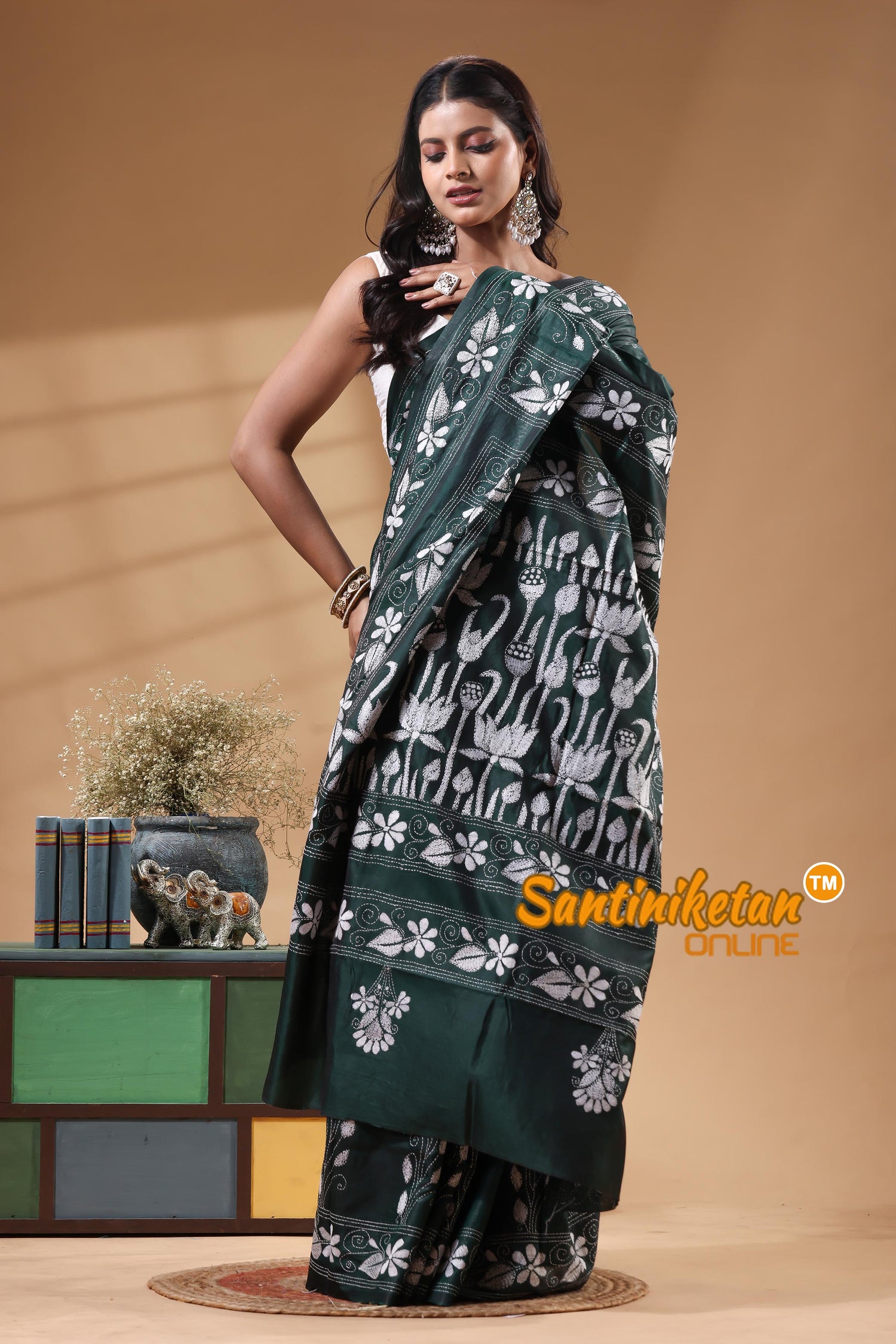 Bangalore Silk Kantha Stitch Saree