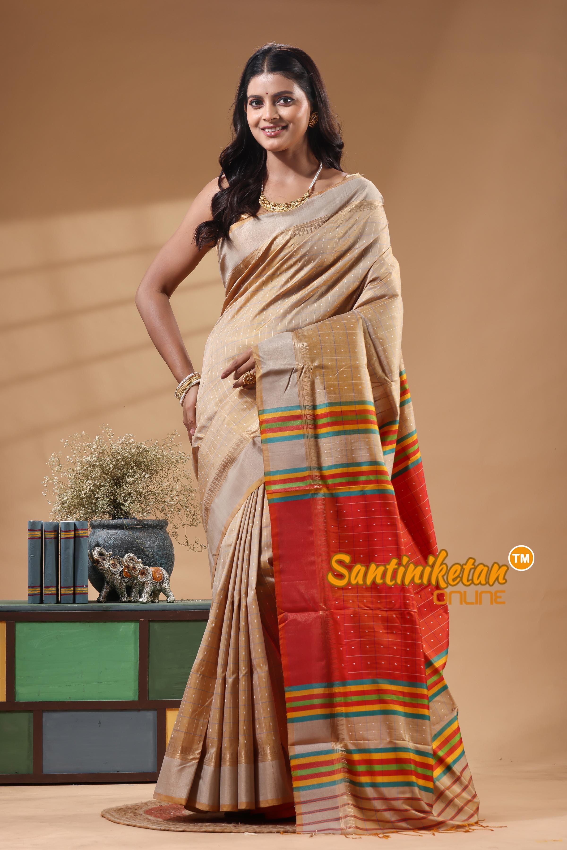 Bishnupur Katan Silk Saree With Zari Tample Border And All Body Buti