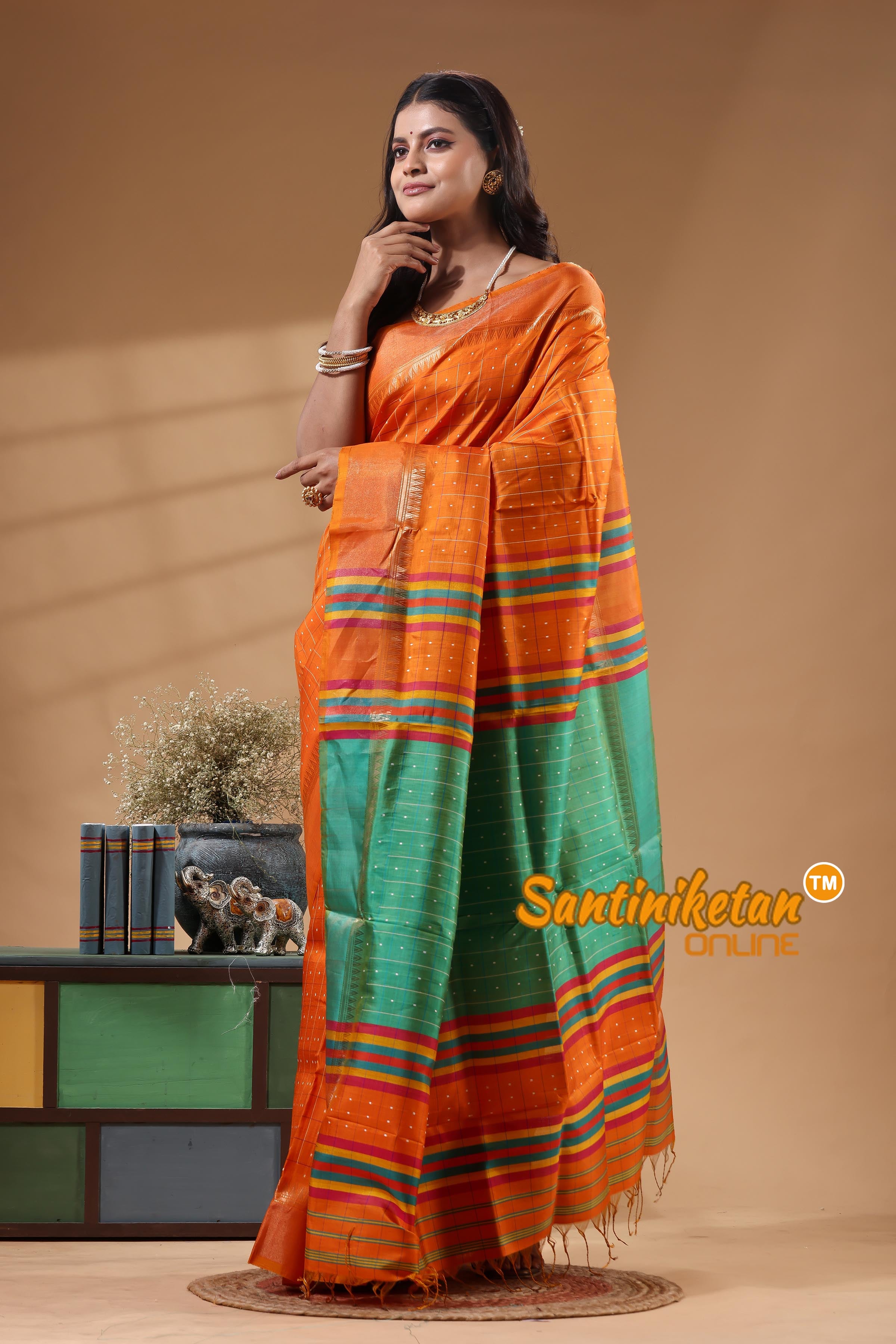 Bishnupur Katan Silk Saree With Zari Tample Border And All Body Buti