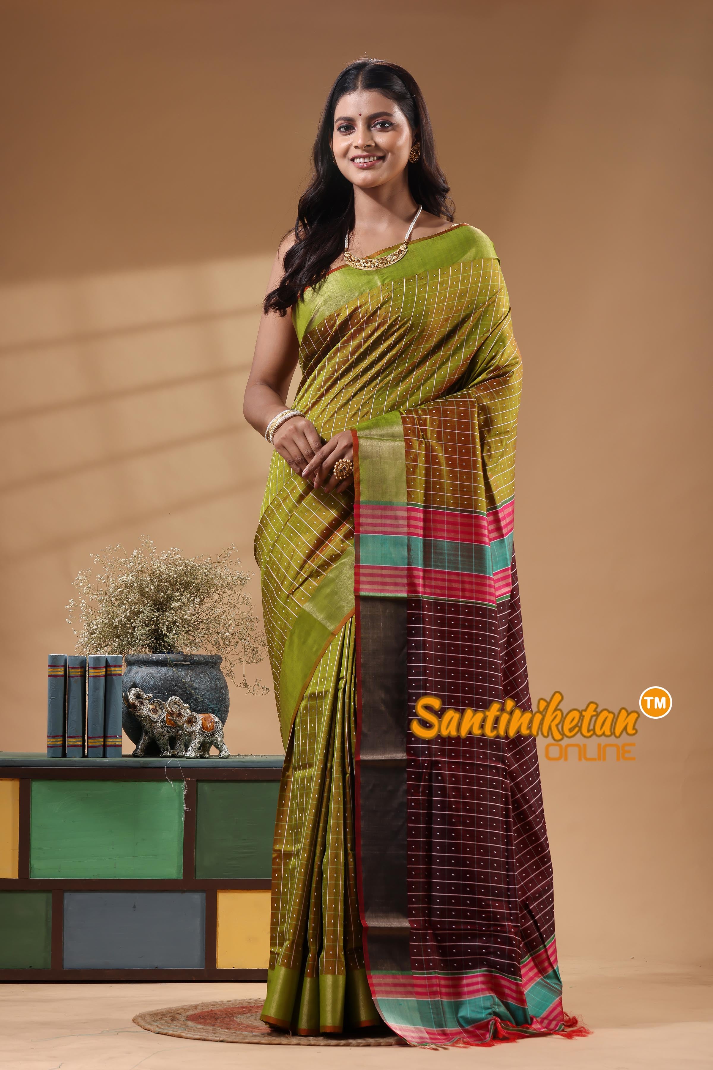 Bishnupur Katan Silk Saree With Zari Tample Border And All Body Buti