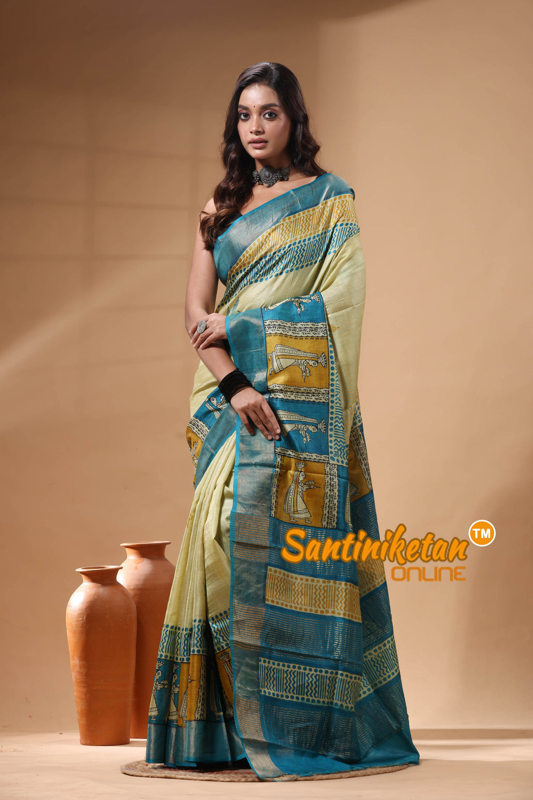 Pure Zari Tussar Hand Block Painted Saree SN2630082