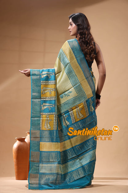 Pure Zari Tussar Hand Block Painted Saree SN2630082