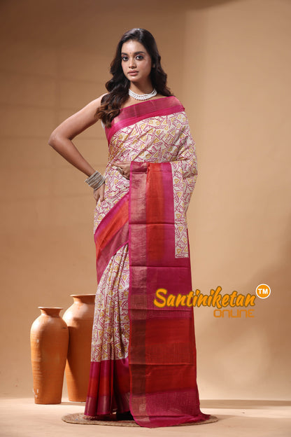 Pure Zari Tussar Hand Block Painted Saree SN2630203
