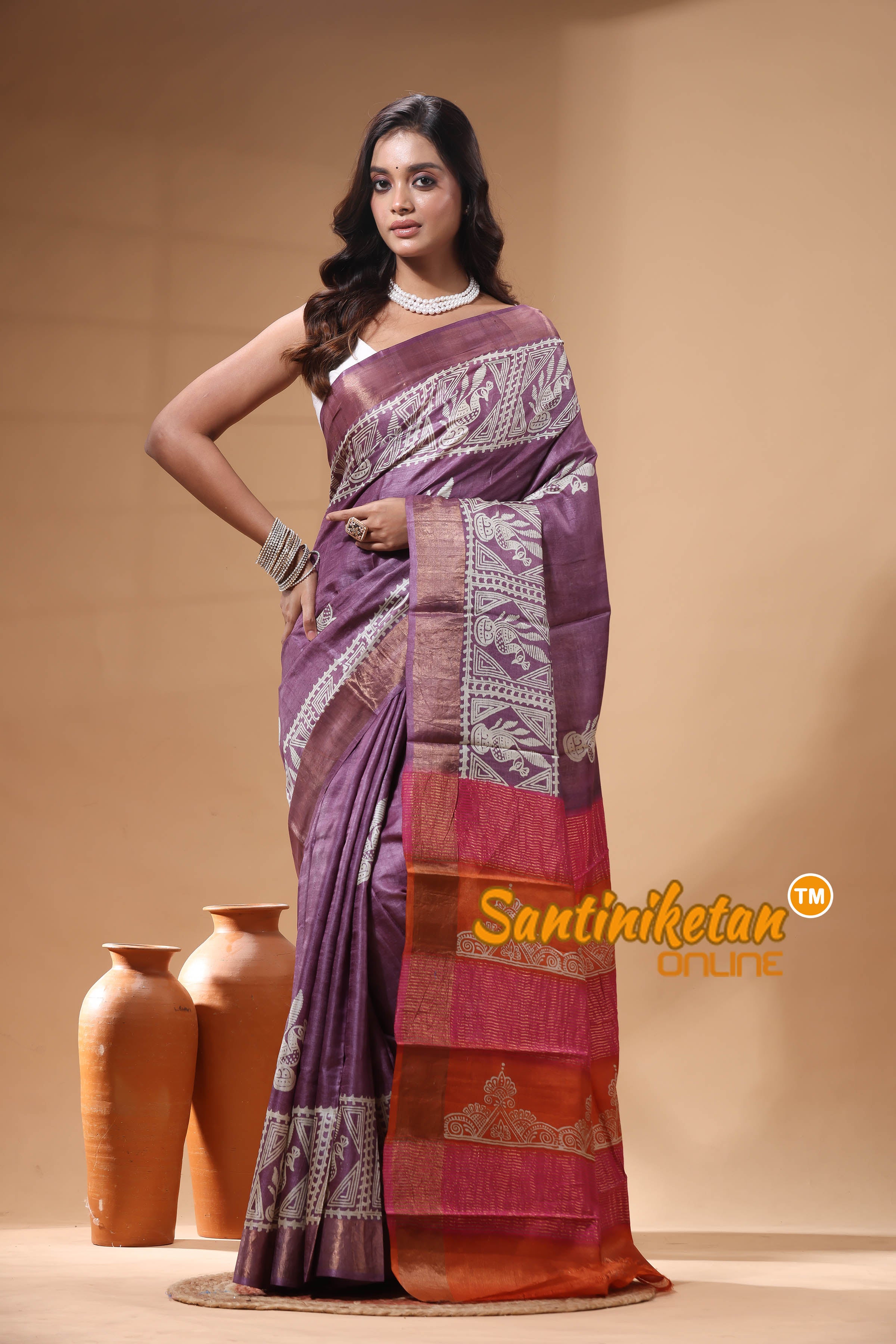 Pure Zari Tussar Hand Block Painted Saree SN2630251