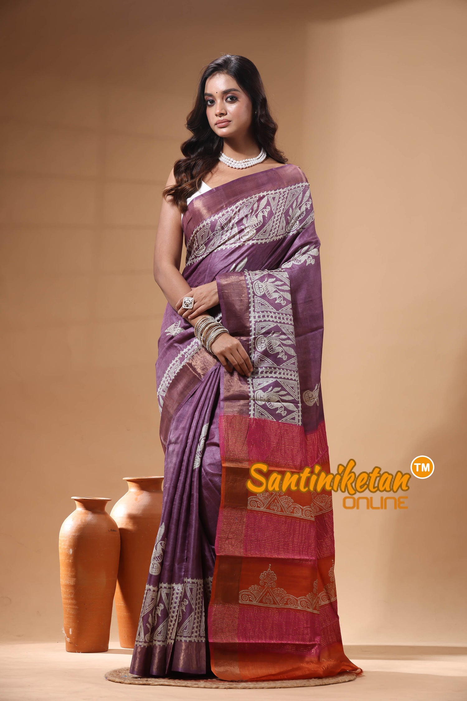 Pure Zari Tussar Hand Block Painted Saree SN2630251