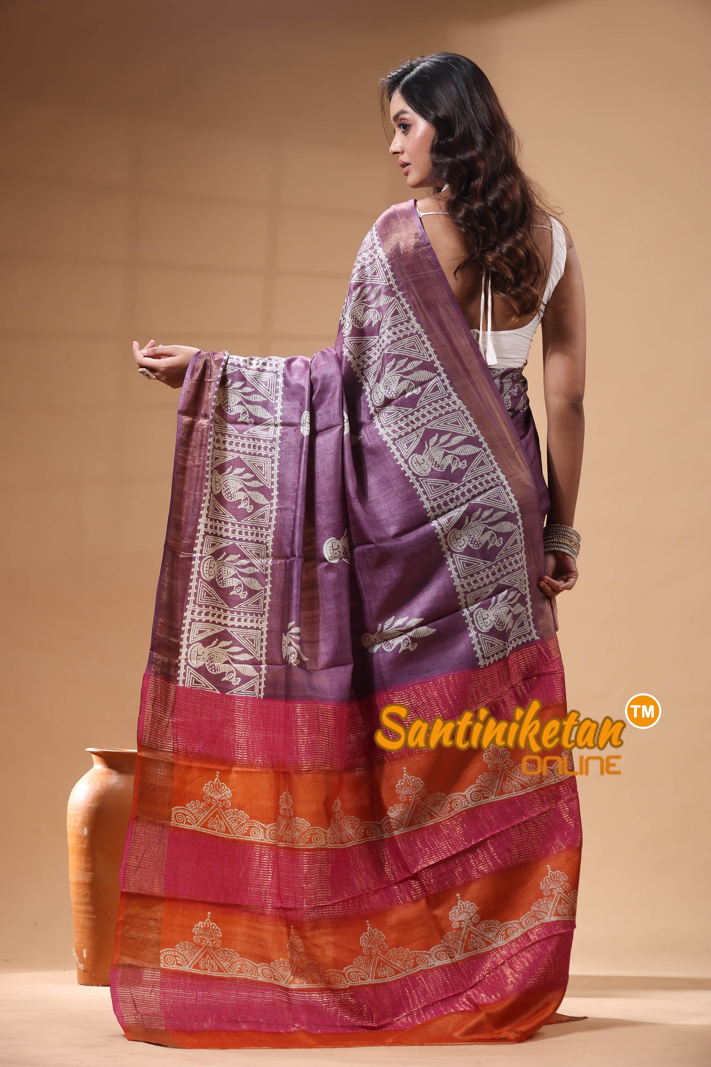 Pure Zari Tussar Hand Block Painted Saree SN2630251