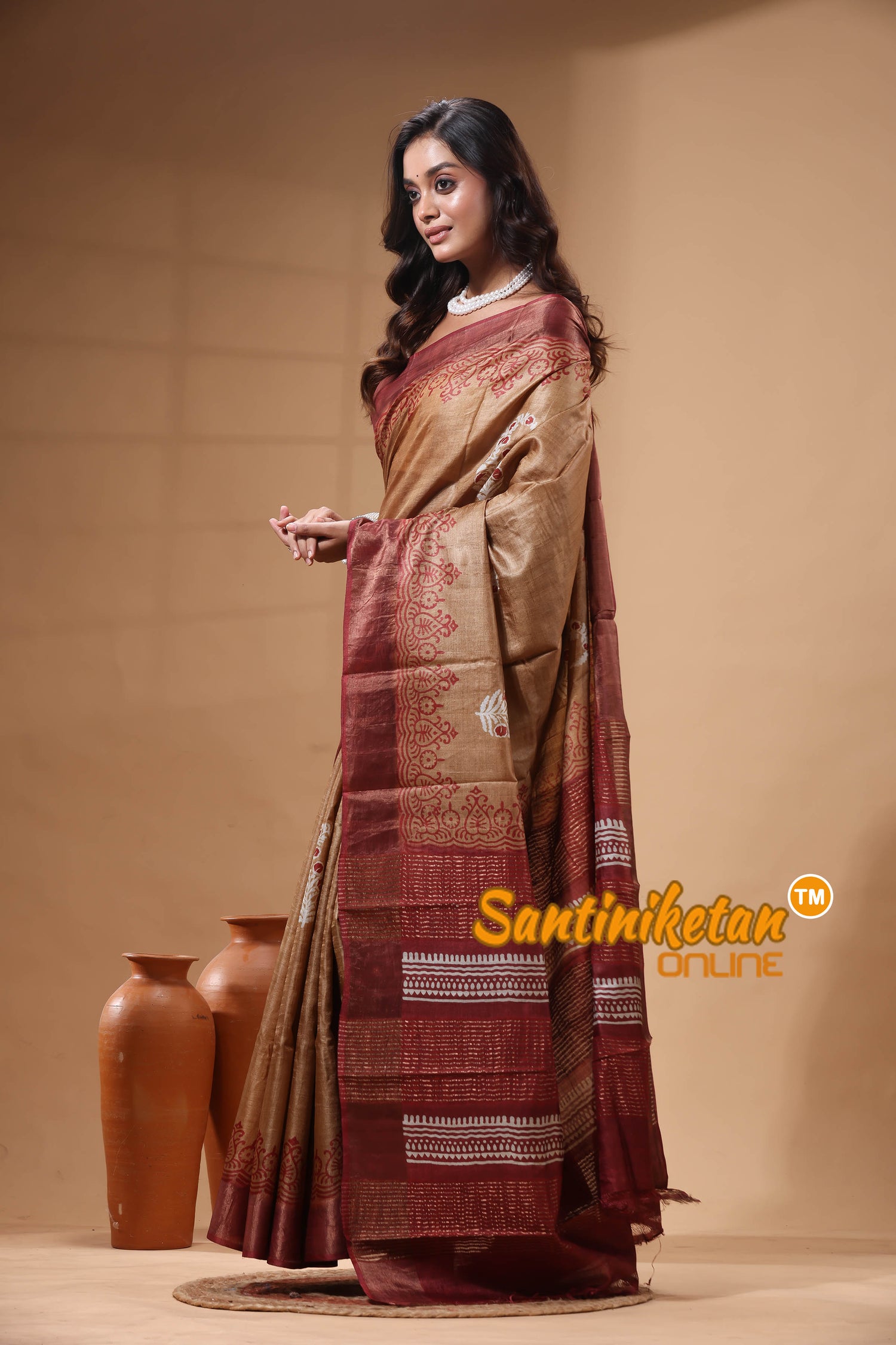 Pure Zari Tussar Hand Block Painted Saree SN2630293
