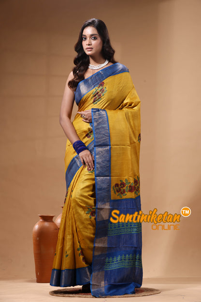 Pure Zari Tussar Hand Block Painted Saree SN2630419