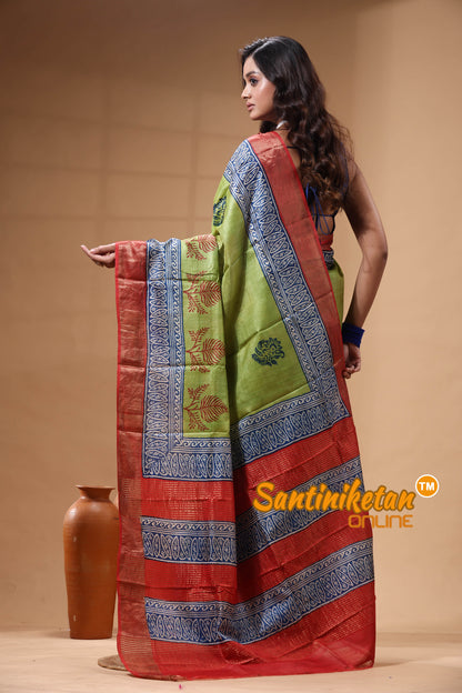 Pure Zari Tussar Hand Block Painted Saree SN2630425